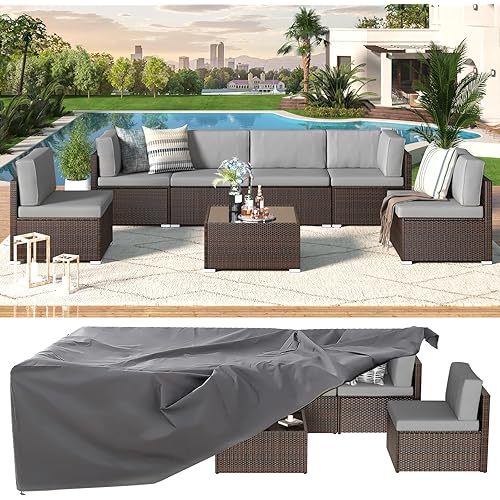 U-MAX 8 Piece Outdoor Patio Furniture Set, PE Rattan Patio Brown Wicker Sectional Furniture Chair Set with Cushions and Tea Table, Brown Rattan and Dark Grey Cushion（with Cover）