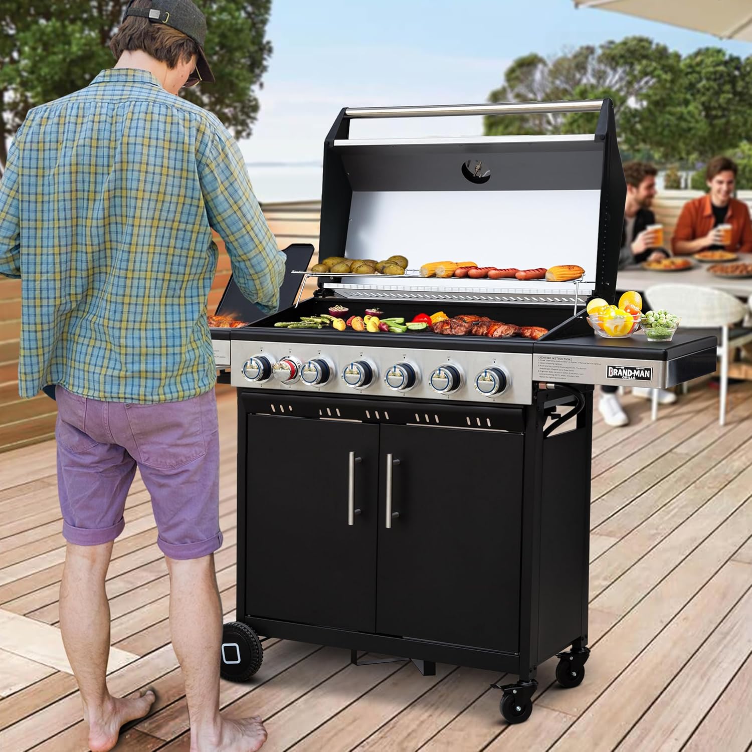 Brand-Man 6-Burner Propane Gas Grill with Infrared Sear Side Burner, Porcelain-Enameled Cast Iron Diamond-Pattern Grates & Griddle, BBQ Station with Storage Cabinet and Side Table for Barbecue