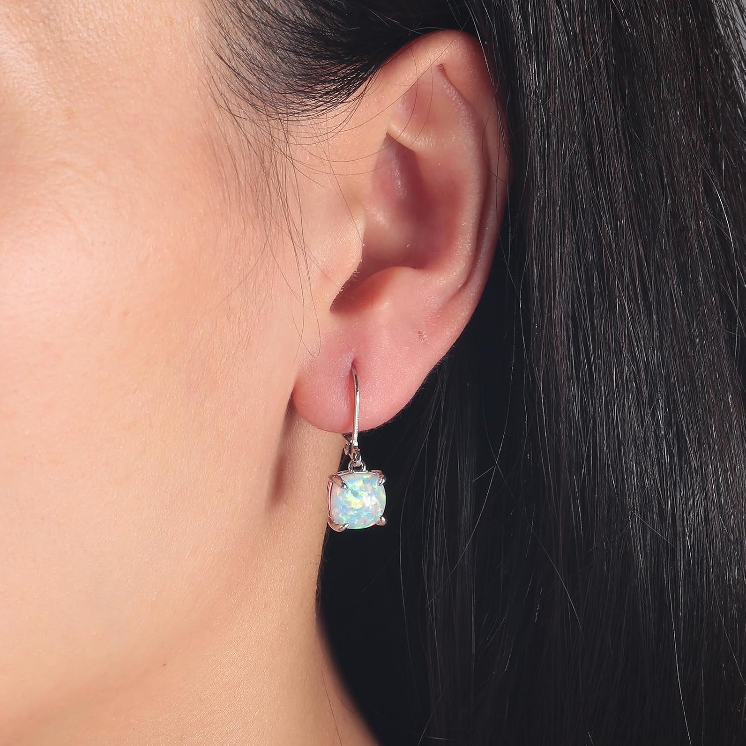 CiNily Square-Cut Opal Earrings Leverback Drop Earrings for Women Hypoallergenic, Pendant Earrings 14K White Gold/Gold Dangle Earrings Opal Hoops Birthday Wedding Mothers Day Jewelry Gifts - Image 2