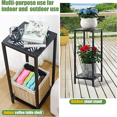 Miniatura 4 de Party Zealot Soporte cuadrado de metal alto de 2 niveles para macetas, estante moderno para macetas de interior, mesa auxiliar de esquina para patio