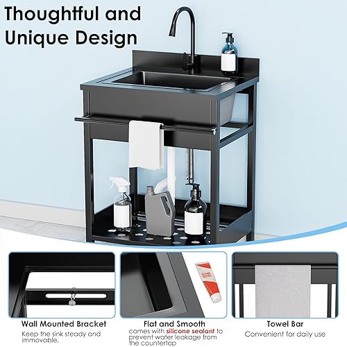 Miniatura 47 de Fregadero utilitario de pie individual fregadero de cocina con tubo de agua fría y caliente, fregadero de acero inoxidable para lavandería, baño