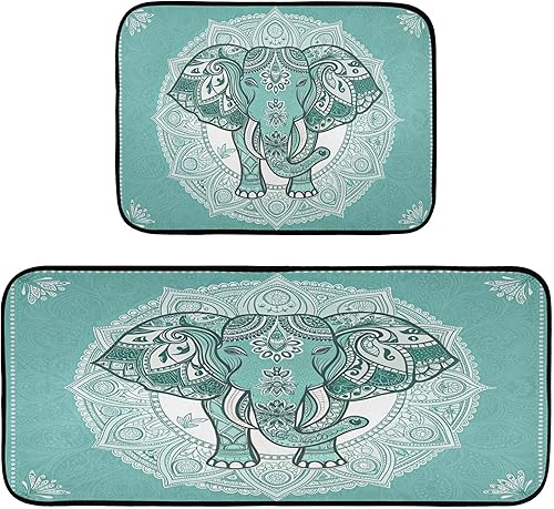 Burbuja Juego de 2 tapetes y tapetes de cocina de elefante bohemio, absorbentes, lavables, antideslizantes, cómodos, para cocina, baño, sala de