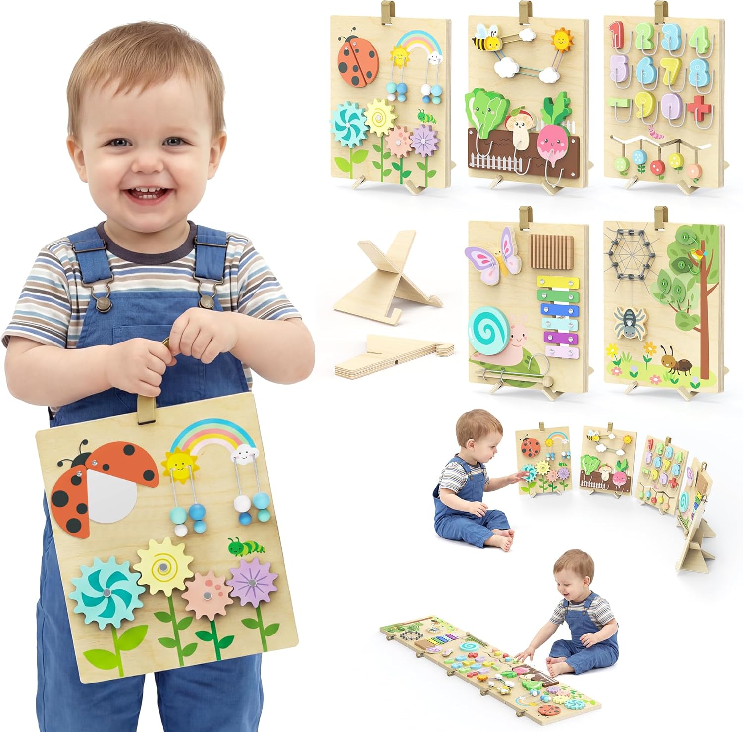 BlueWood Wooden Busy Board for Toddlers, 14-in-1 Montessori Philosophy Educational Toy, Activity Center Made from Basswood, No Drilling, Easy to Carry & Store