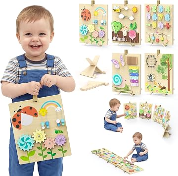 BlueWood Wooden Busy Board for Toddlers 18+ Months, 14-in-1 Montessori Philosophy Educational Toy, Activity Center Made from Basswood, No Drilling, Easy to Carry & Store - Square
