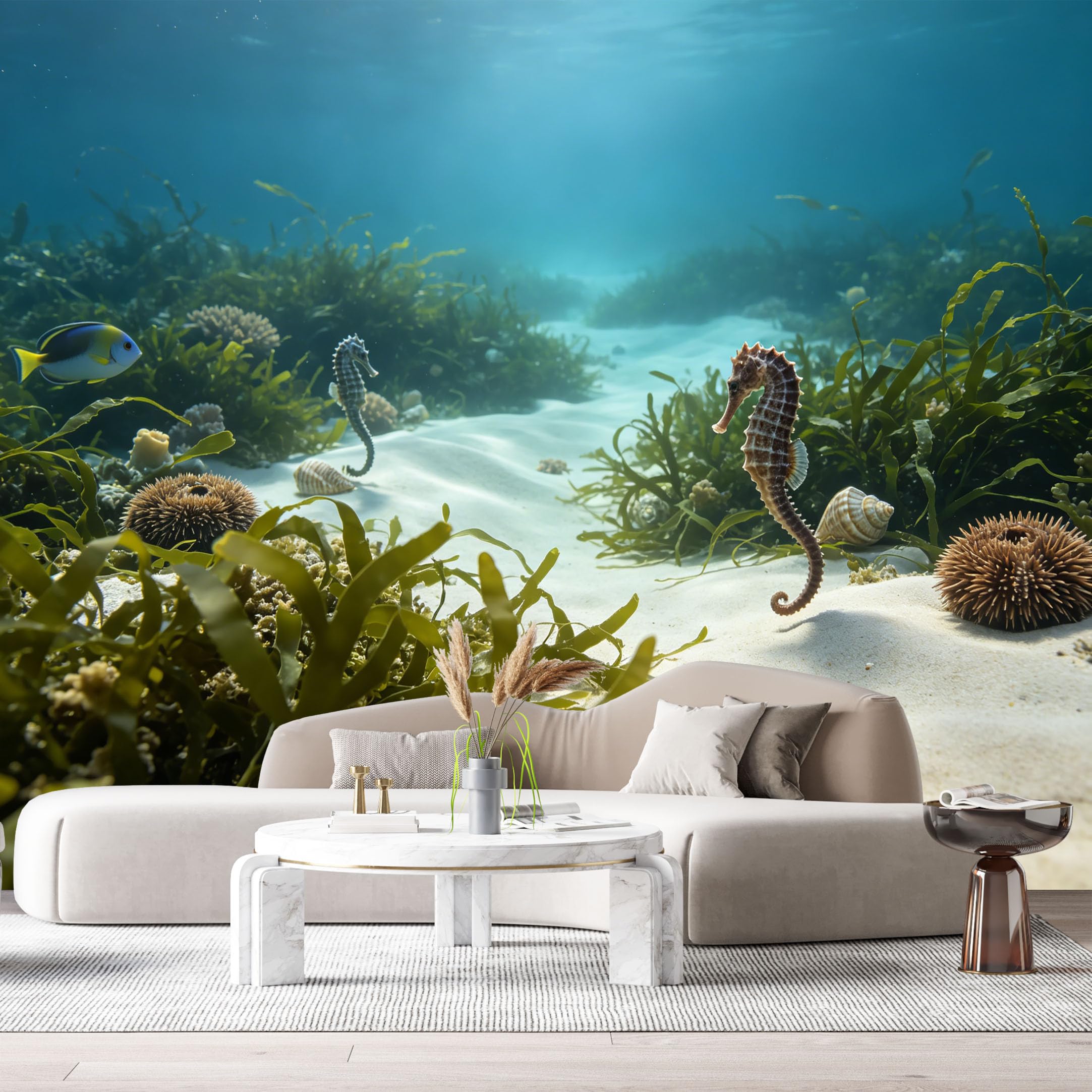 Custom Size Wall Murals Ocean Marine Watercolor Seahorse Tropical Fish Underwater Sand SelfAdhesiveWall Fabric Removable Wallpaper Wall Decor for Living Room Bedroom Bathroom