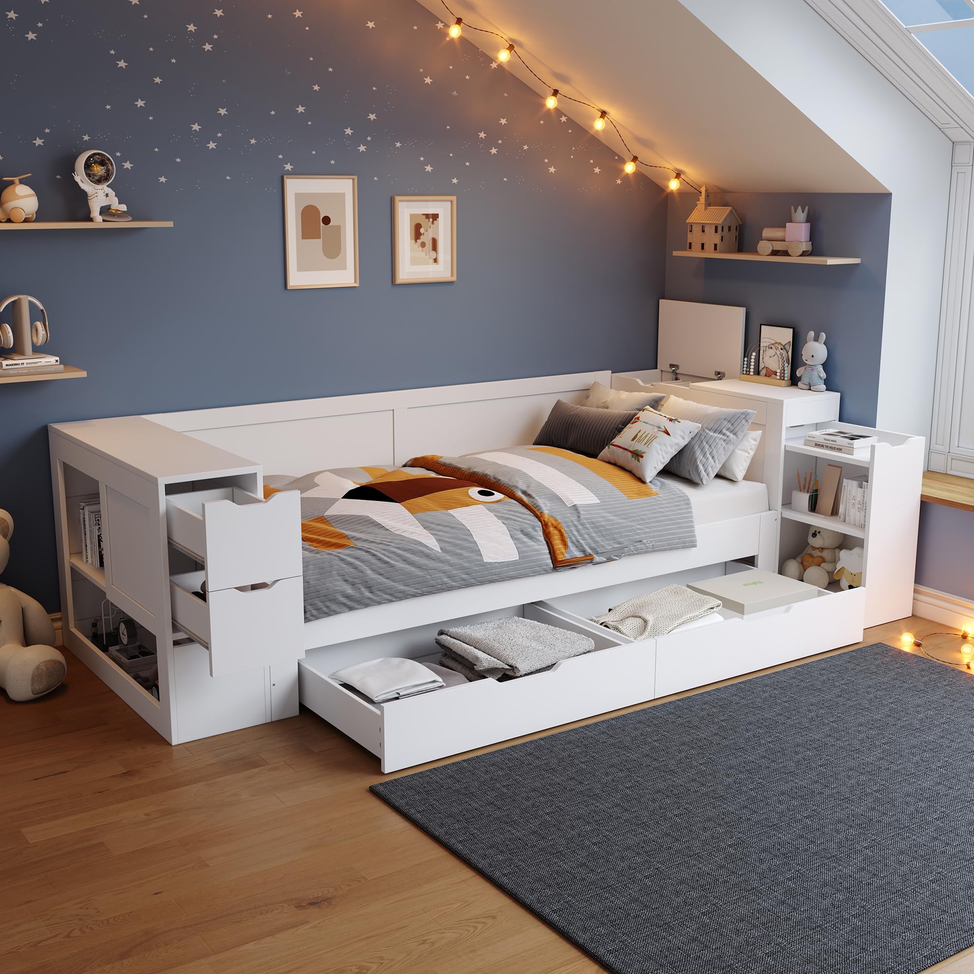 Letto singolo 90 x 200 cm, con comodino e libreria, divano letto con vano portaoggetti testiera e cassetti, letto con ripiano e rete a doghe, senza materasso, bianco