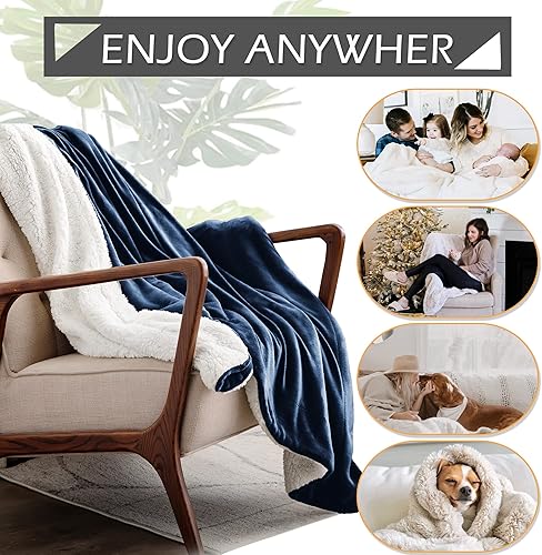 Miniatura 4 de Manta de tamaño King de 90 x 108 pulgadas, color azul marino, cálida manta de forro polar sherpa, cómoda manta de forro polar súper suave de doble