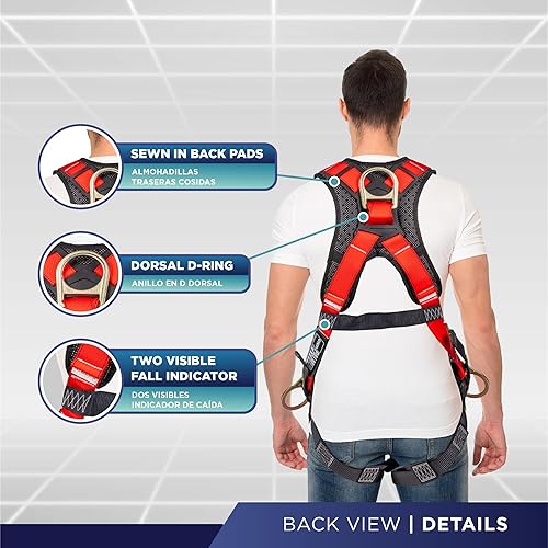 Vista 3 de Palmer Safety Arnés de cuerpo completo con ajuste de 5 puntos, anillo en D dorsal, patas con ojales, dos anillos en D laterales e indicadores de Rojo