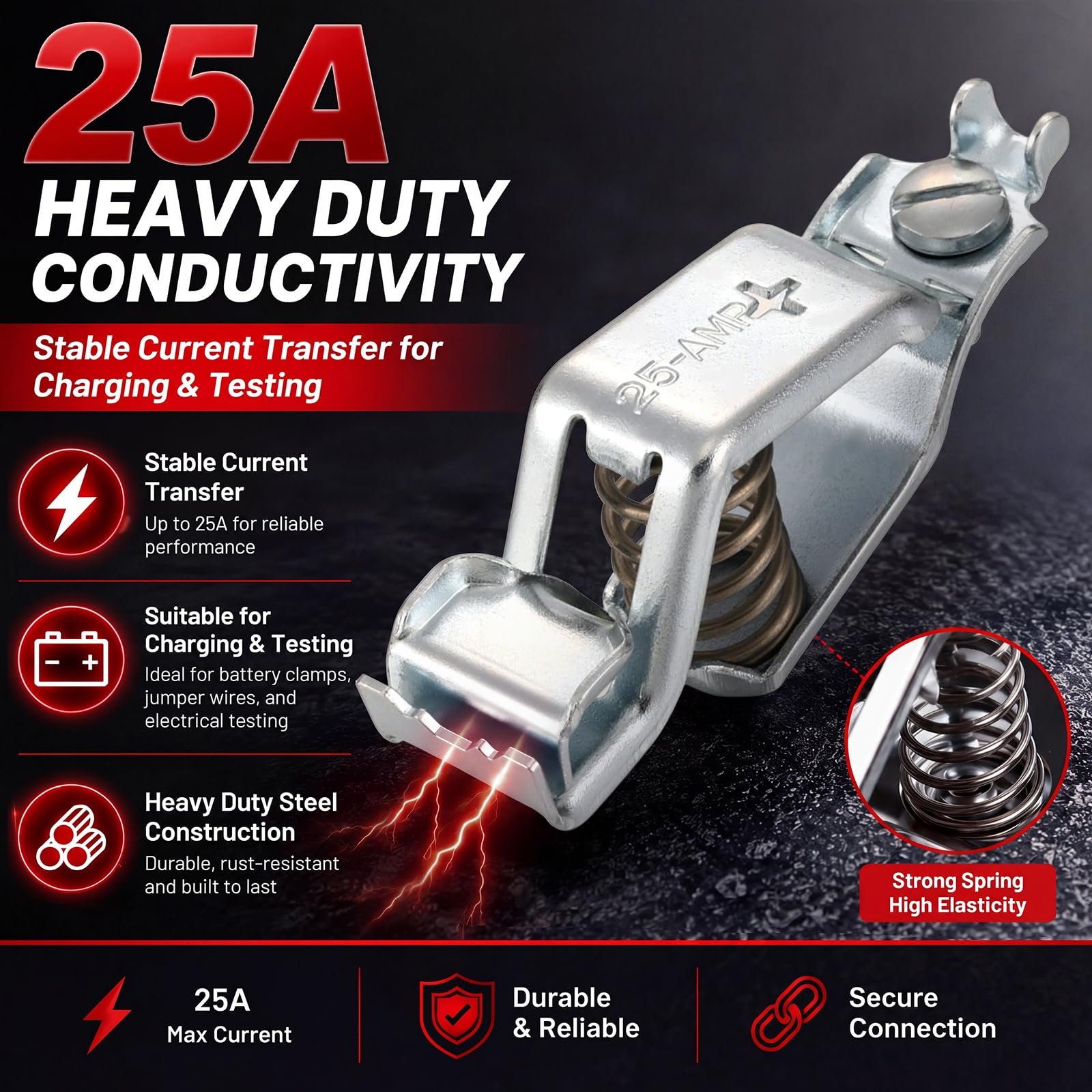 Sabary BU-24APN Morsetti a coccodrillo resistenti per batteria da 25 A, con terminali a vite, manicotti isolati, clip di prova in metallo per test batteria automobilistica, applicazioni elettroniche