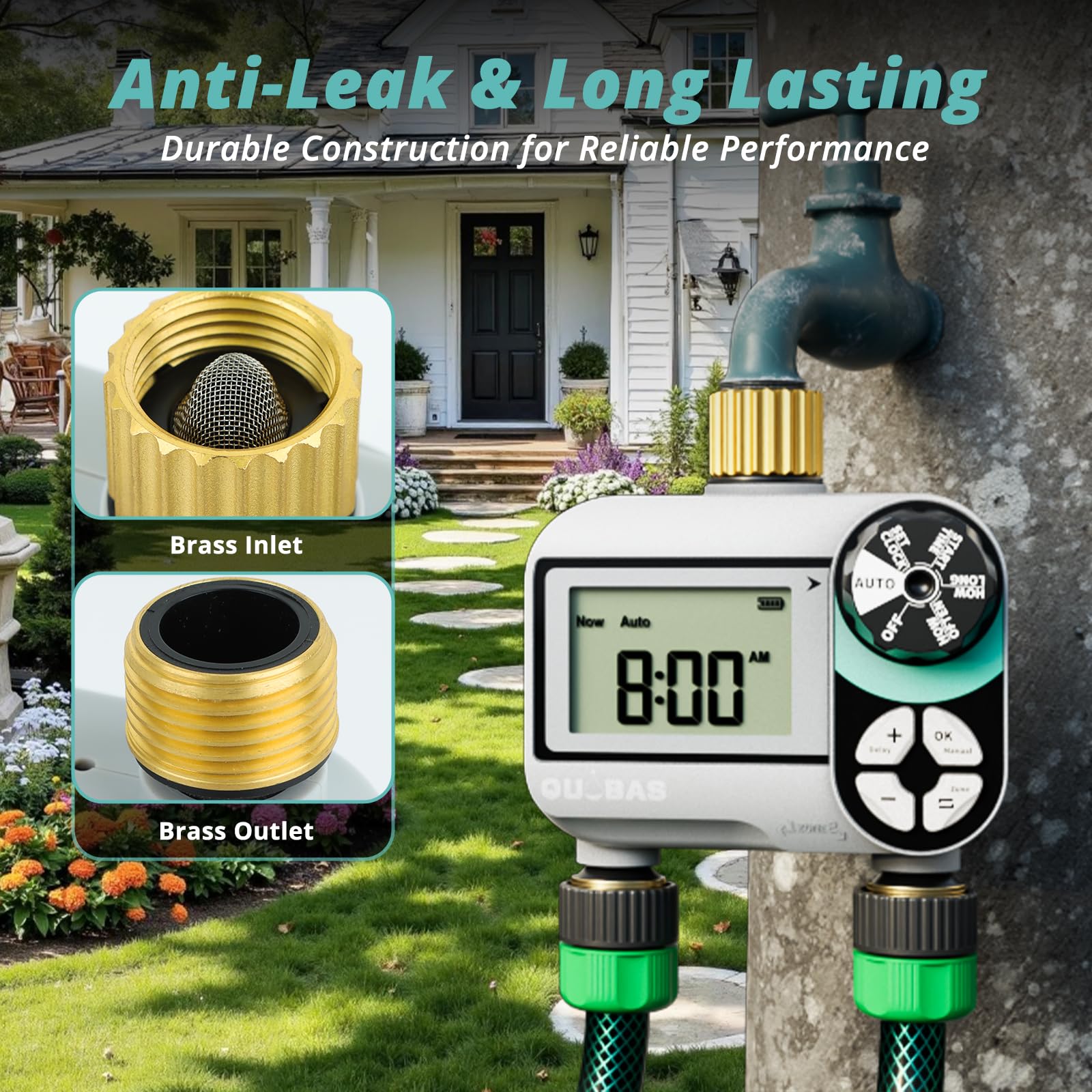 QUOBAS Timer per irrigatore per tubo da giardino, programmabile in ottone, timer digitale dell'acqua con ritardo pioggia/auto/manuale 3 modalità, piscina, irrigazione a goccia, schermo impermeabile