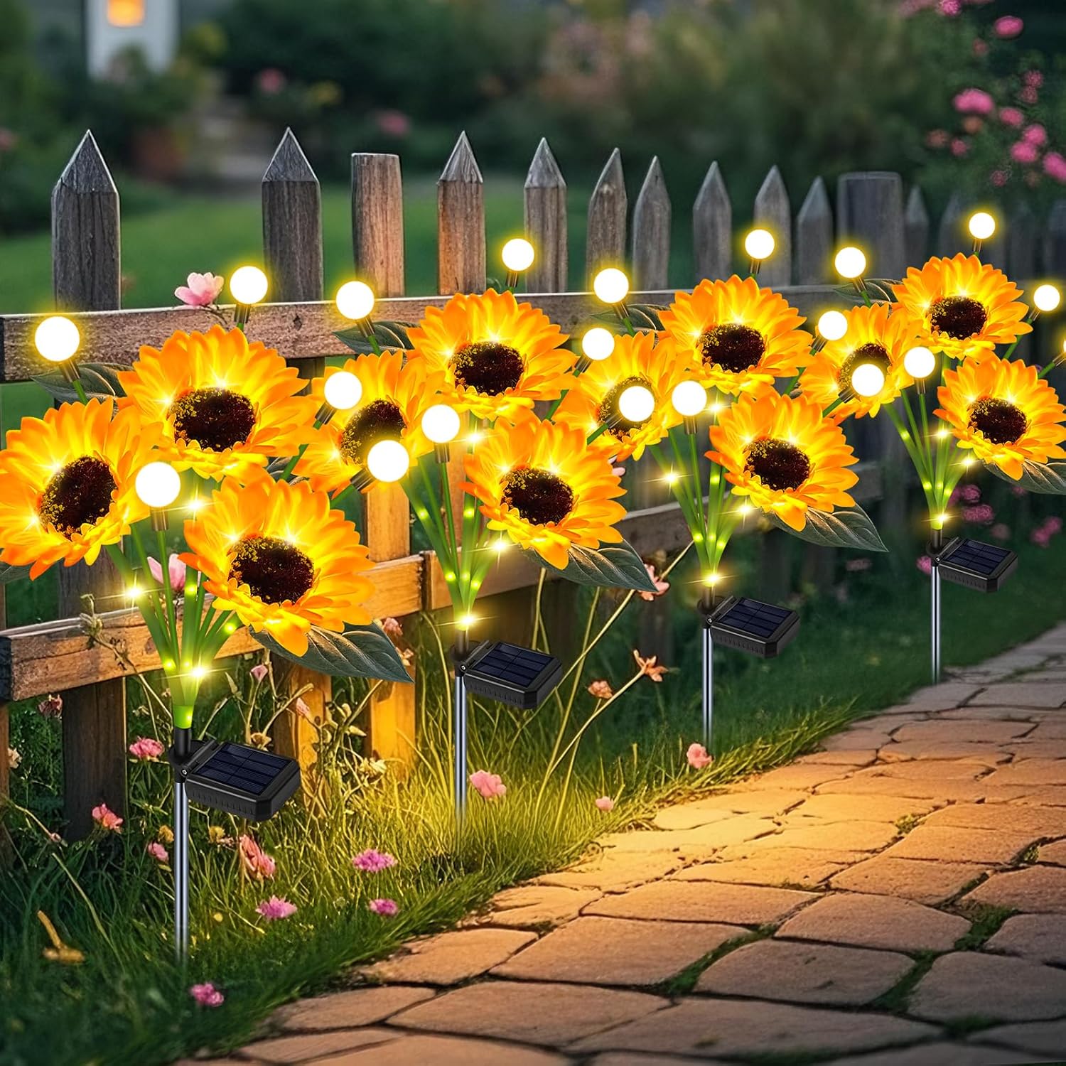 Sunflower Solar Lights Outdoor Garden Decor,Upgraded 4 Pack Solar Sunflowers with Firefly Lights Waterproof,Gifts for Mom Women Grandma,Garden Decor for Outside Yard Patio Pathway Lawn