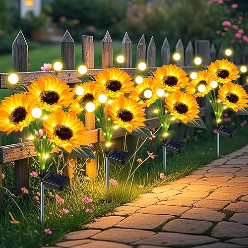 Miniatura 11 de Luces solares con forma de girasol para jardín al aire libre, luces solares mejoradas con forma de girasol y luces de luciérnaga, impermeables