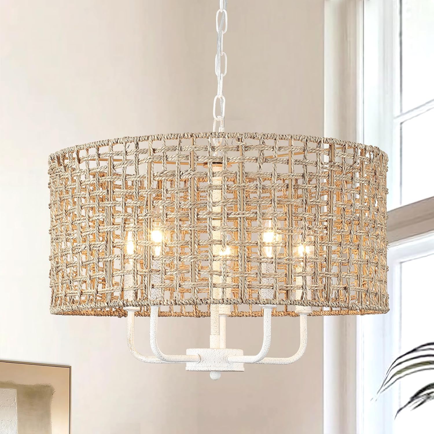 Rattan Chandelier 5-Light Farmhouse Boho Pendant Light Fixture for Dining Room Brown and White Woven Chandeliers for Ceiling Light,Bedroom,Living Room,Foyer,Kitchen Island,Coastal,Stairway,Hallway 5-light White and Brown