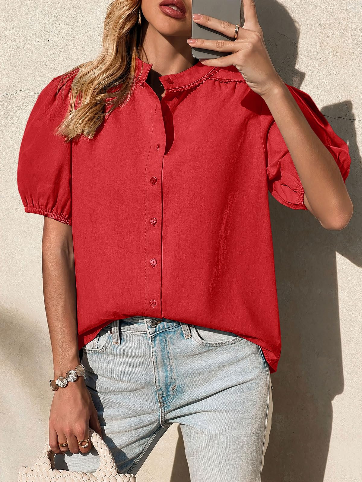 Tankaneo Camicette da donna con maniche a sbuffo e bottoni, in cotone, plissettate, vestibilità larga, estive, eleganti e casual