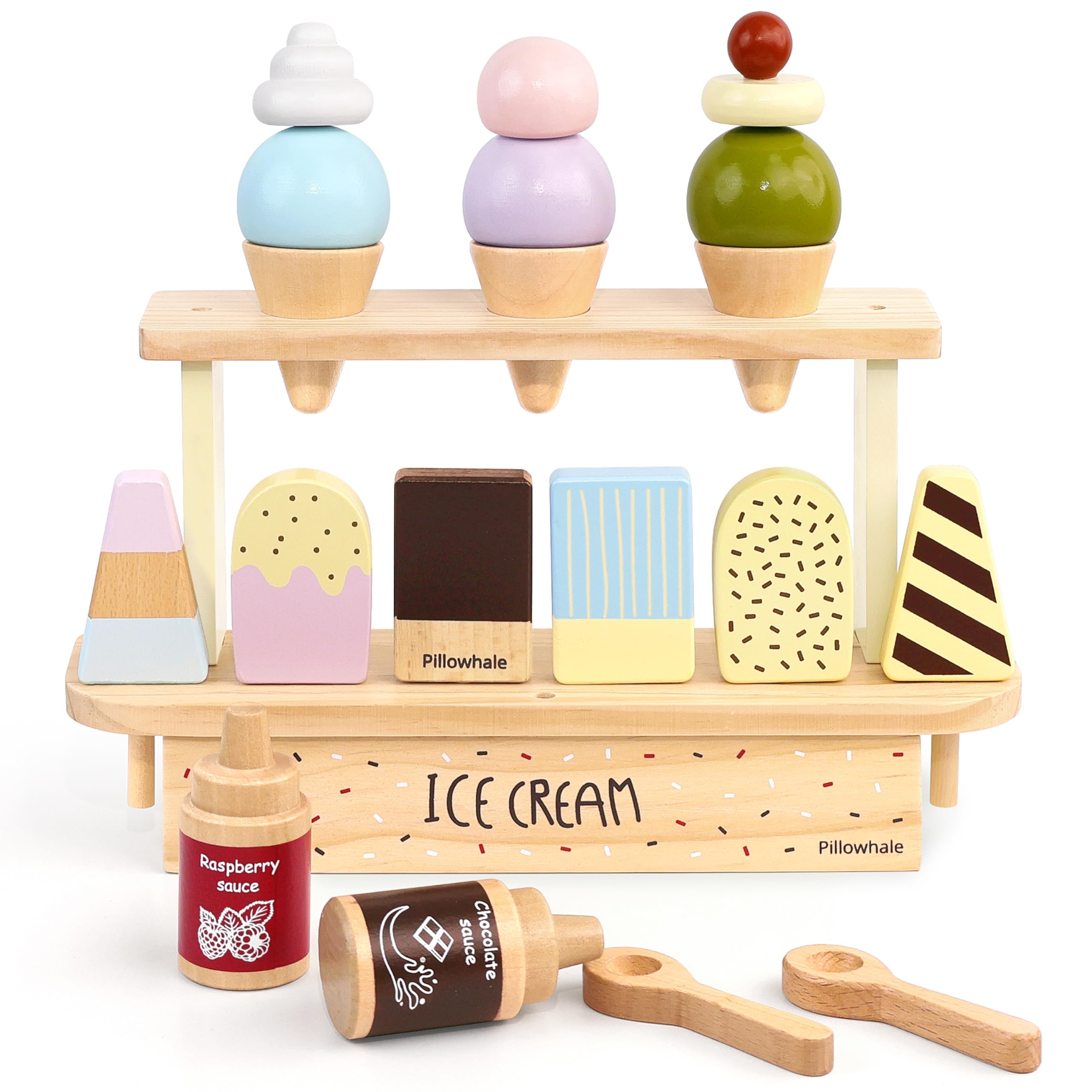 Pillowhale Wooden Ice Cream Play Set for Kids – 24 PCS Pretend Ice Cream Toy Counter with Cones, Popsicles, Toppings, Sauces & Spoons – Wooden Play Food Toys, Role Kitchen Accessories for Toddlers 3-5