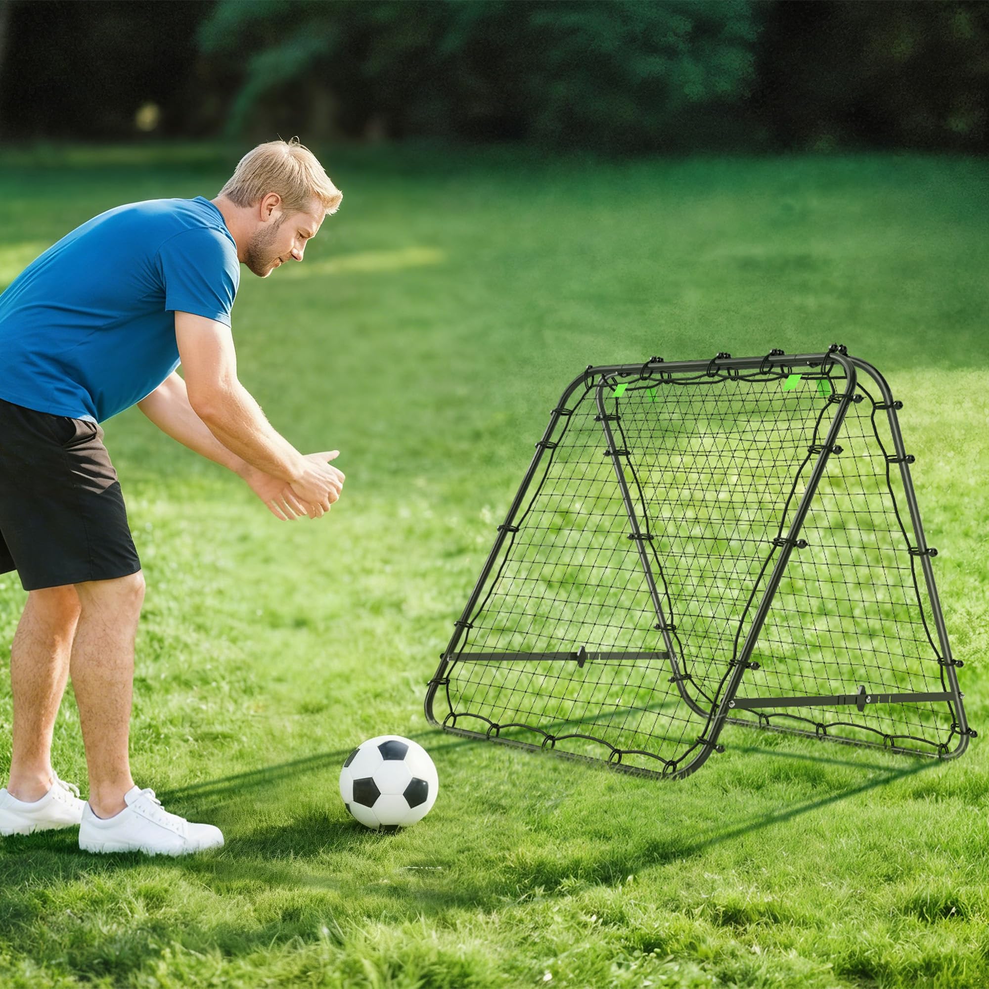 HOMCOM Filet de Rebond Double Face 91 x 91 cm, Filet de Rebond Football Pliable, rebondisseur pour entraînement Football, réglable dans 5 Angles, Structure en Acier