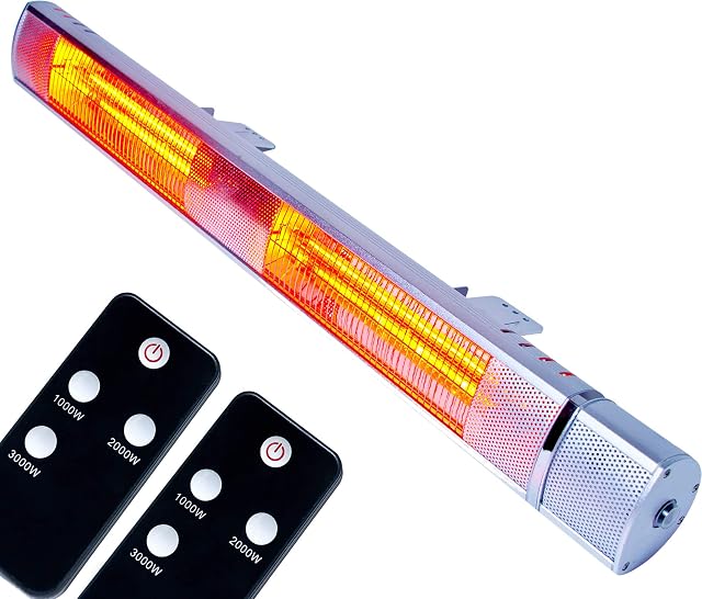 MYLEK Patio Heater 3000W - Electric Wall Mounted Outdoor Unit - Remote Control - IP65 Waterproof - Outside Aluminium Rustproof - Fast Heat-up Golden Tube, Gardens, Cafes, Restaurants 3KW