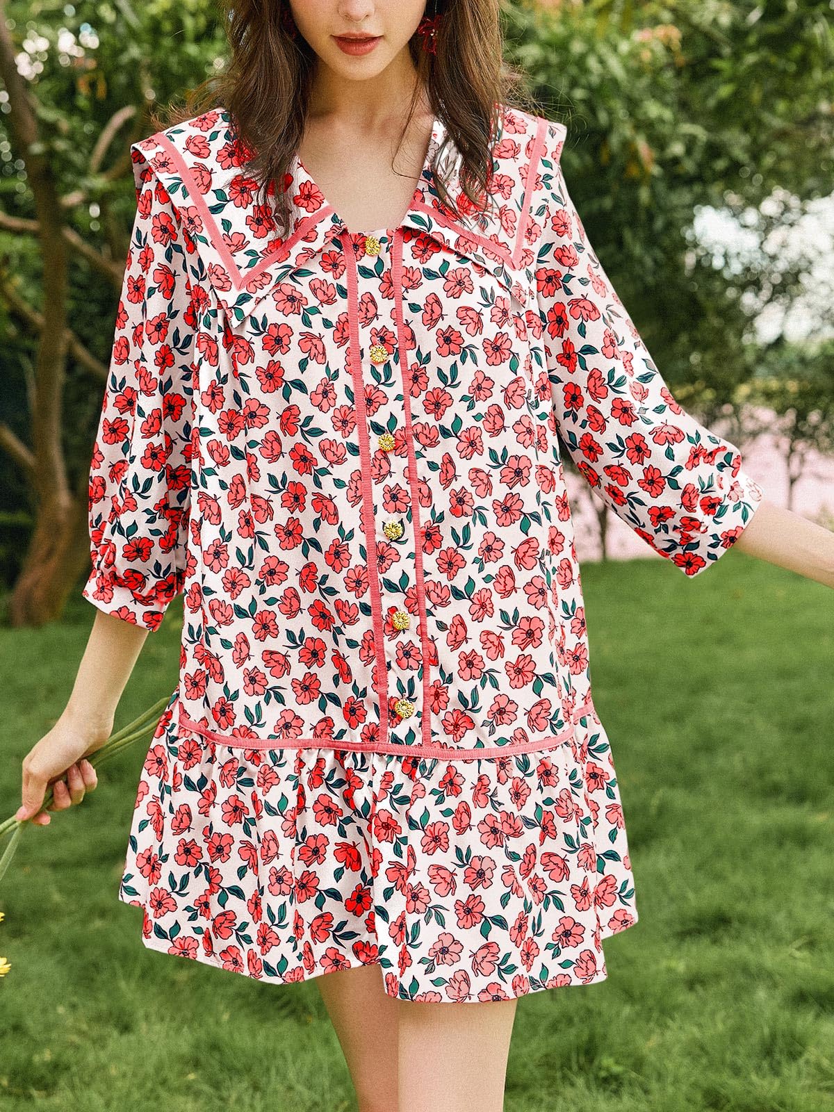 Wenrine Camicia casual da donna a 3/4 a maniche lunghe floreale abbottonata fluida babydoll autunno mini abito