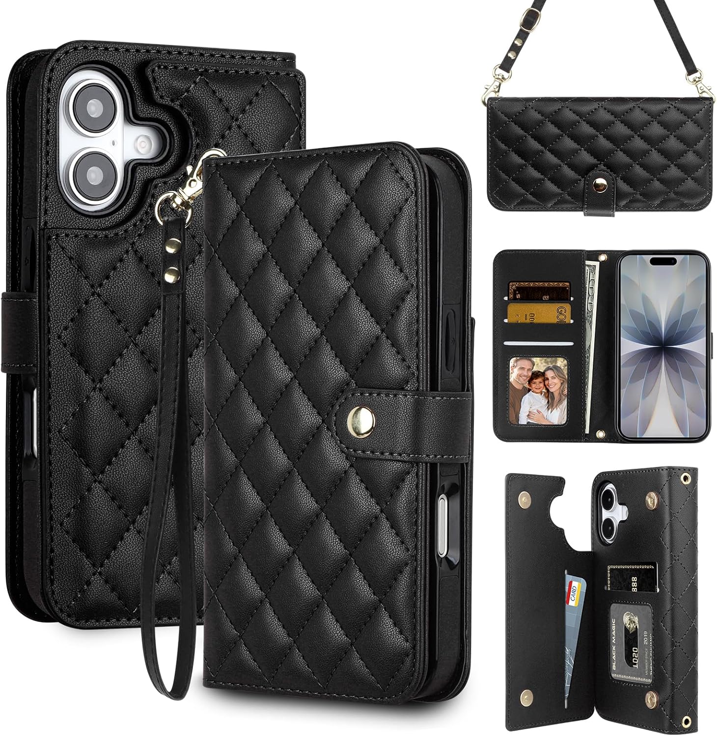 Vofolen for iPhone 17 Case Wallet with Card Holder RFID Blocking Crossbody Adjustable Strap Leather with Magnetic Clasp Heavy Duty Shockproof Protective Cover for iPhone 17 Phone Case for Women-Black