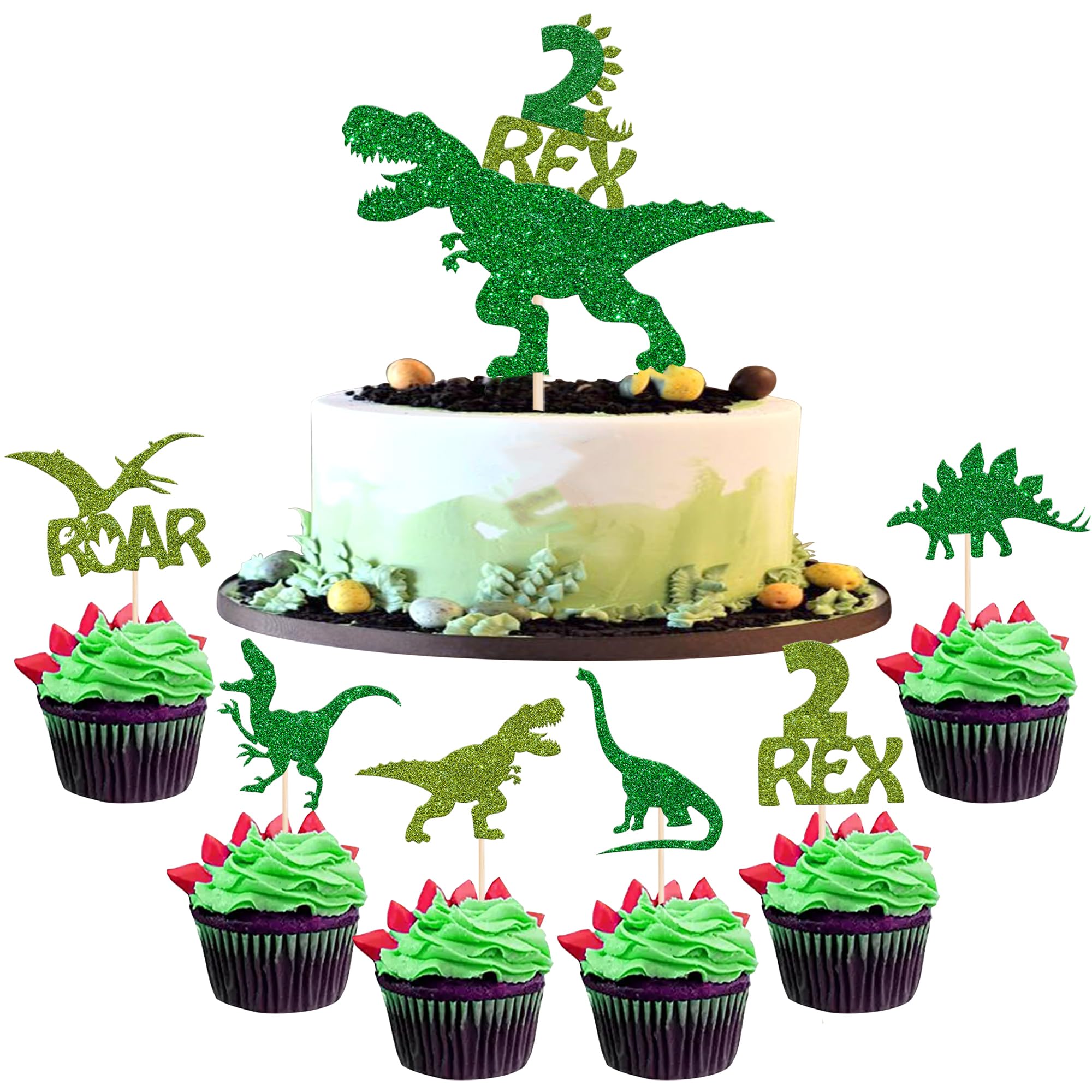 25 Pack Dinosaur Cupcake Toppers Glitter 2 Rex Roar Dinosaur Cupcake Picks Two Years Old Dino Theme Baby Shower Second Birthday Party Cake Decorations Supplies Green