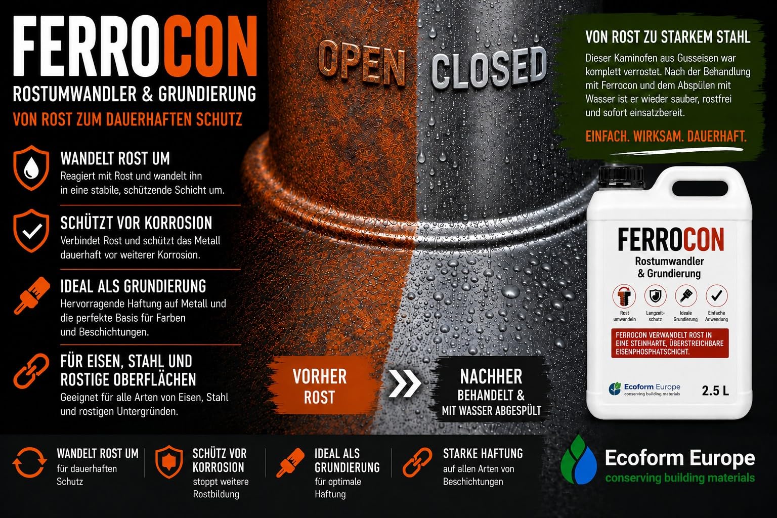 Ecoform Ferrocon 2,5 Liter (ca. 20 m²) Rostumwandler & Rostentferner – Für Eisen, Stahl und Kupfer – Reinigt Rost, Flugrost und Kupferkorrosion