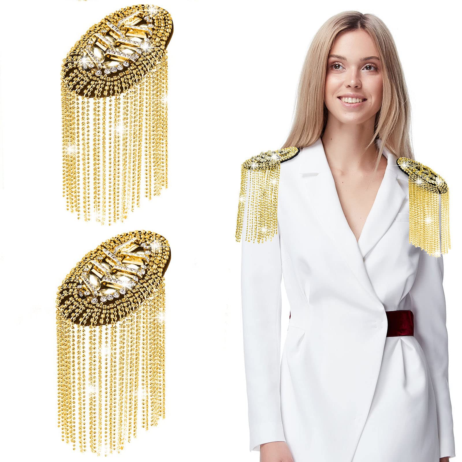 TERRIFI Rhinestone Tassel Shoulder Epaulette Rhinestones Appliques Shoulder Badge Decor for Women DIY Jacket Clothes Accessories(Gold)