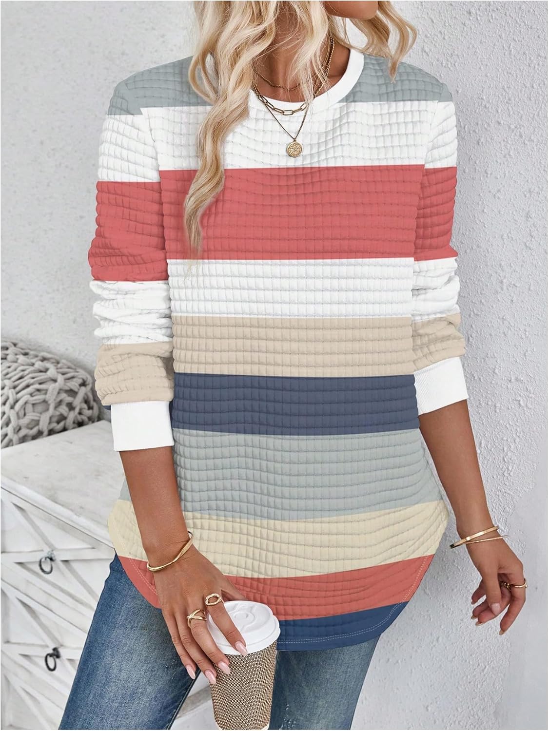 SOLY HUX Women's Color Block Striped Sweatshirt Long Sleeve Crew Neck Waffle Knit Pullover Fall Tops - Image 3