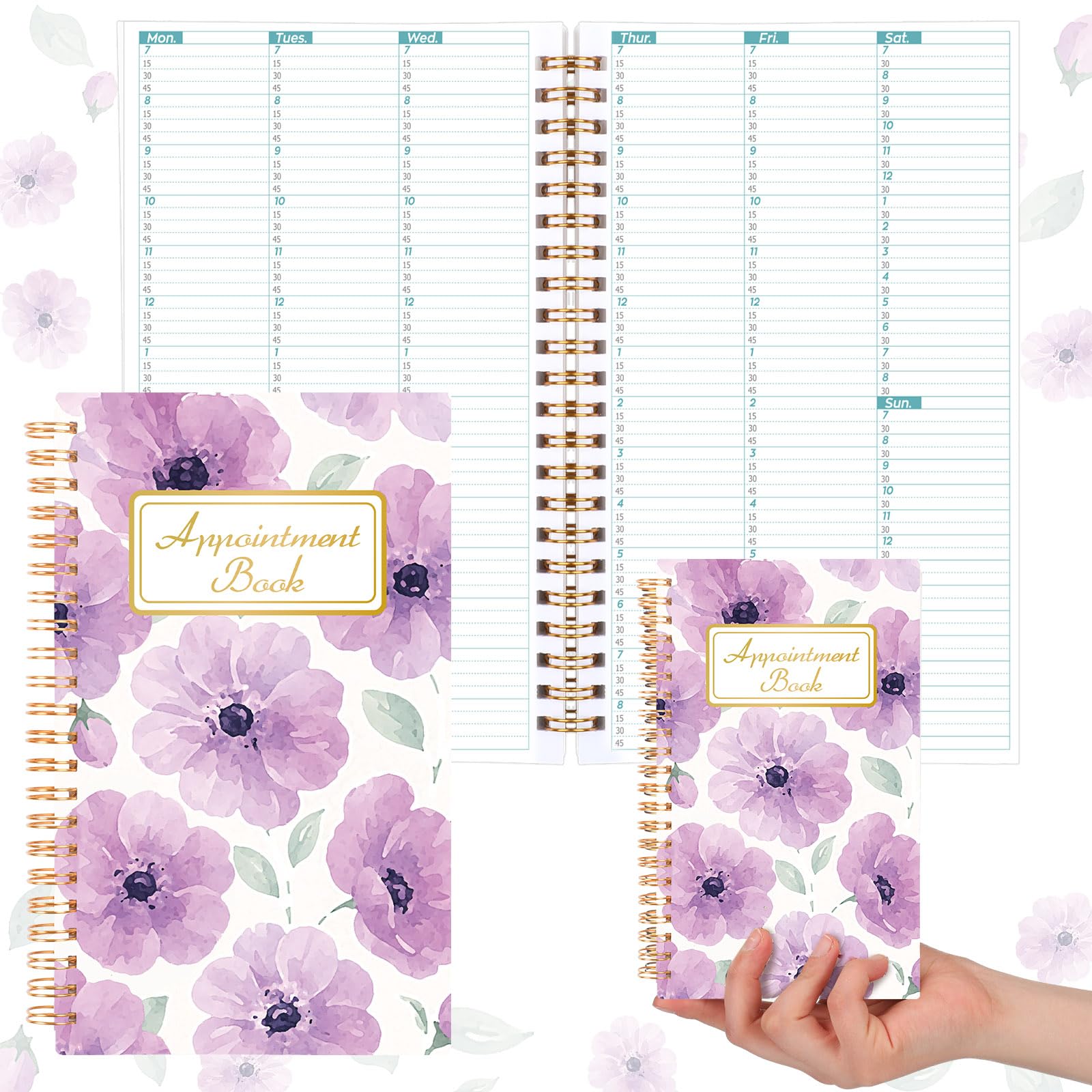 ReliThick Salon-Terminkalender, 12 x 20 cm, 2025, Taschen-Wochenplaner, Mini-Größe, Blumen-Kalender, Terminbuch, 108 Seiten, 53 Wochen, für Frauen, Arbeit, Geschäft (lila Blumenmuster)