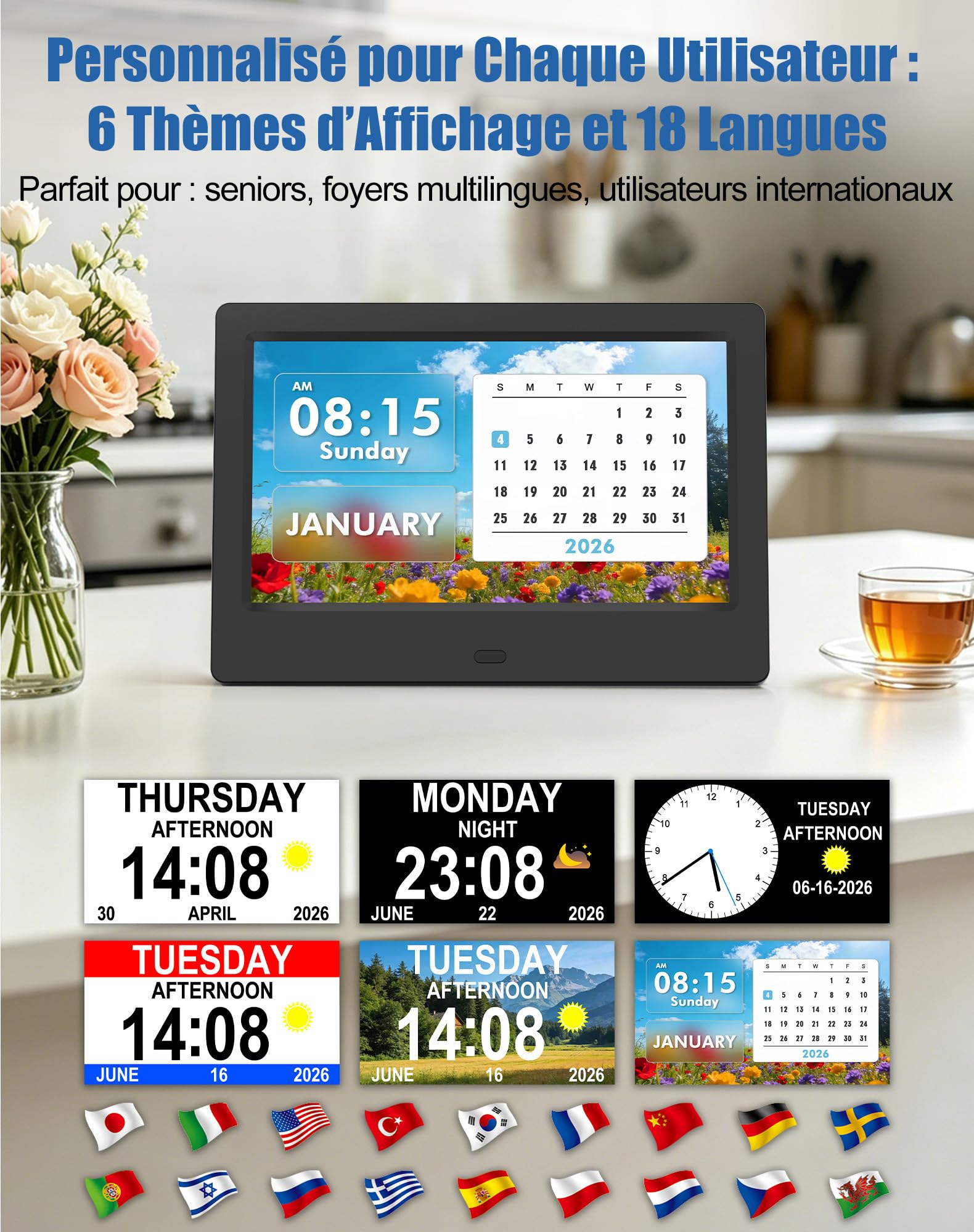 jely 7" Horloge Numérique avec Télécommande, Calendrier Électronique avec Date Jour Heure, 24 Alarmes pour Seniors, 5 Niveaux de Luminosité, Cadeau Personnes Âgées
