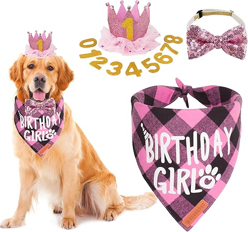 ADOGGYGO Suministros para fiesta de cumpleaños para perros, varios tamaños ofrecidos, bandana de cumpleaños para niña, corona de sombrero de fiesta