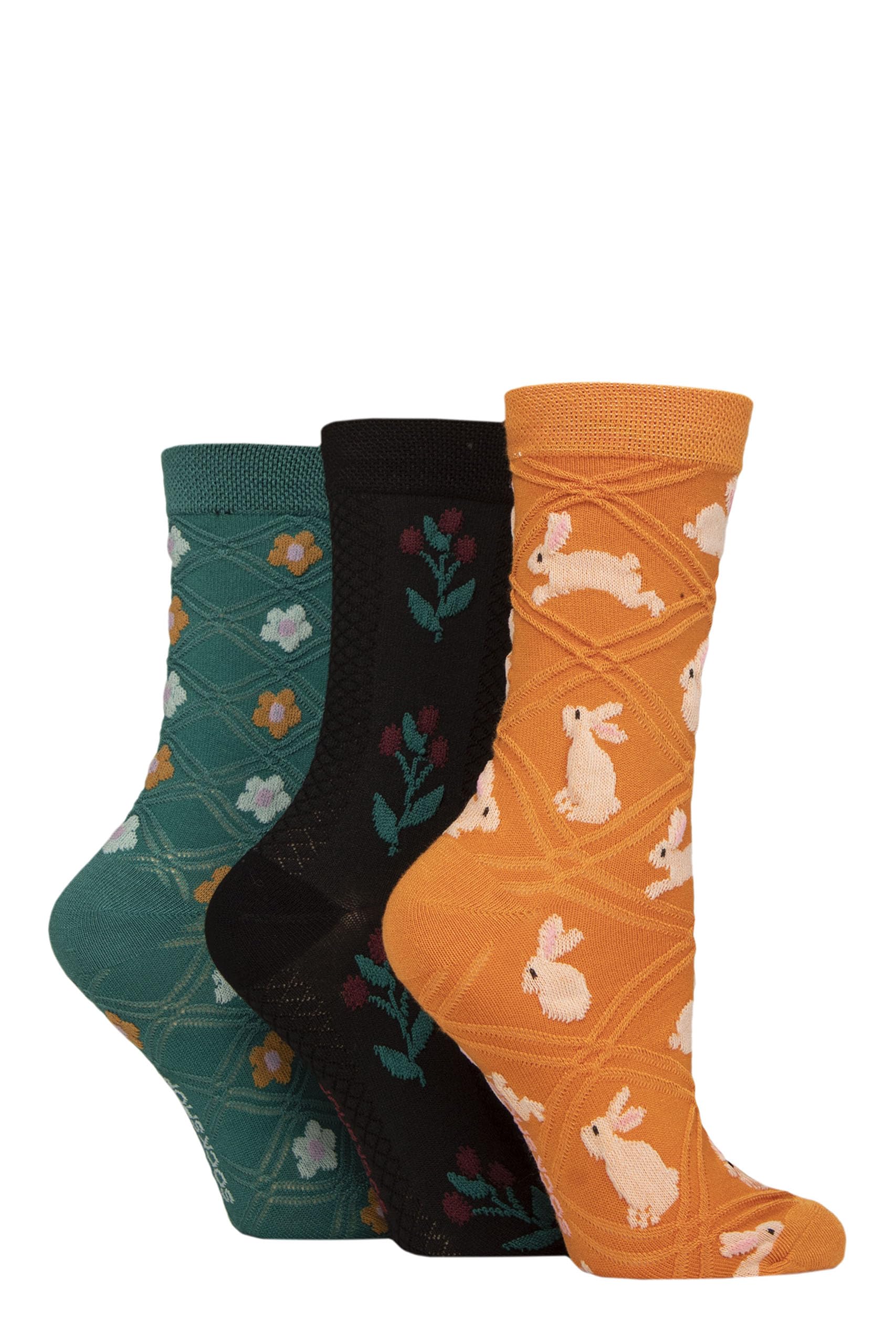 Sockshop Women's Bunny Floral 3D Textured Patterned Pelerine Soft, Cooling And Breathable Bamboo Socks In A Multipack Of 3 Pairs (Uk, Numeric, 4, 8, Regular, Regular, )