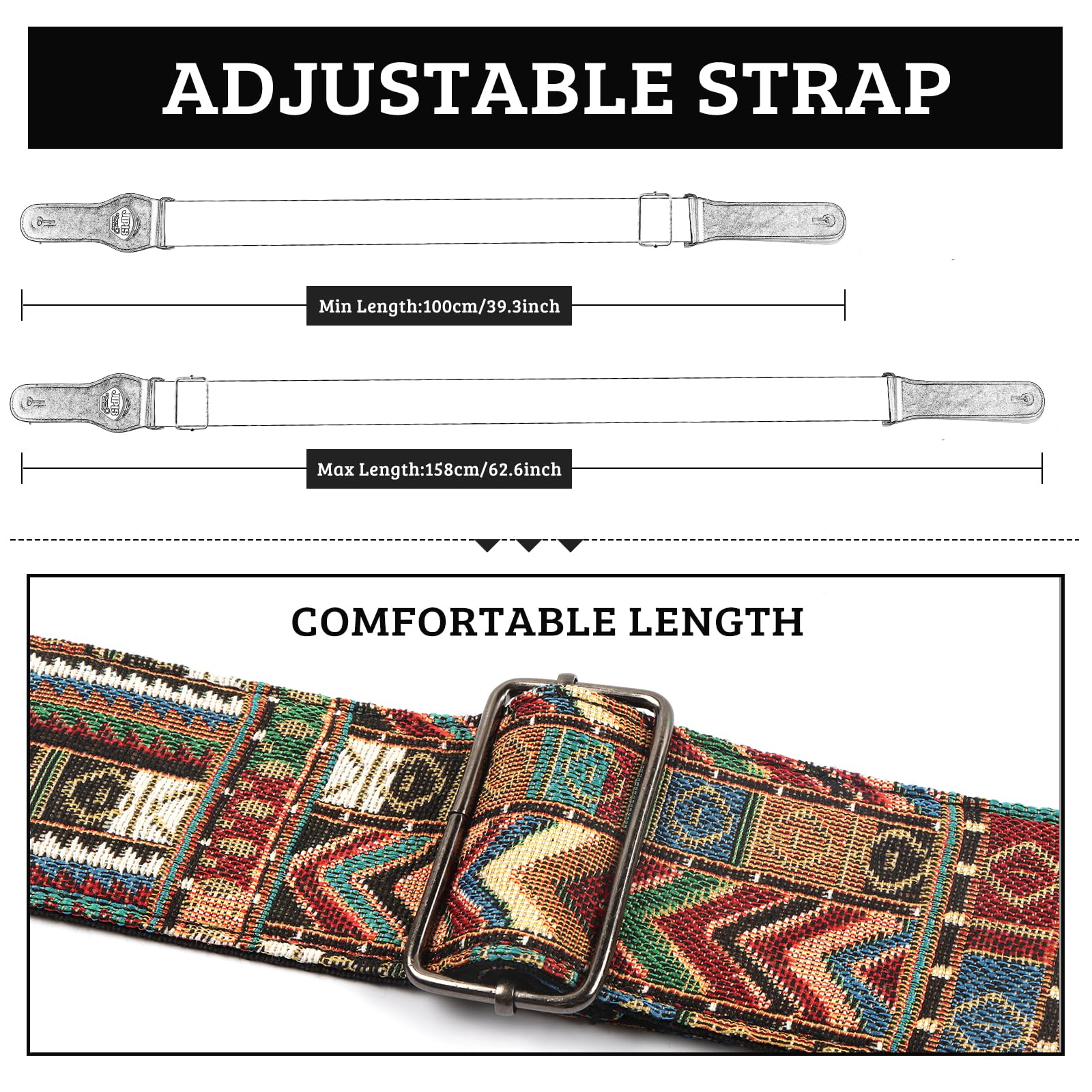Cotton Guitar Strap for Acoustic Guitar Electric Bass Guitar Durable Vintage Printed Pattern Adjustable Length Belt with Genuine Leather Ends (JIPIS-Pattern 1)