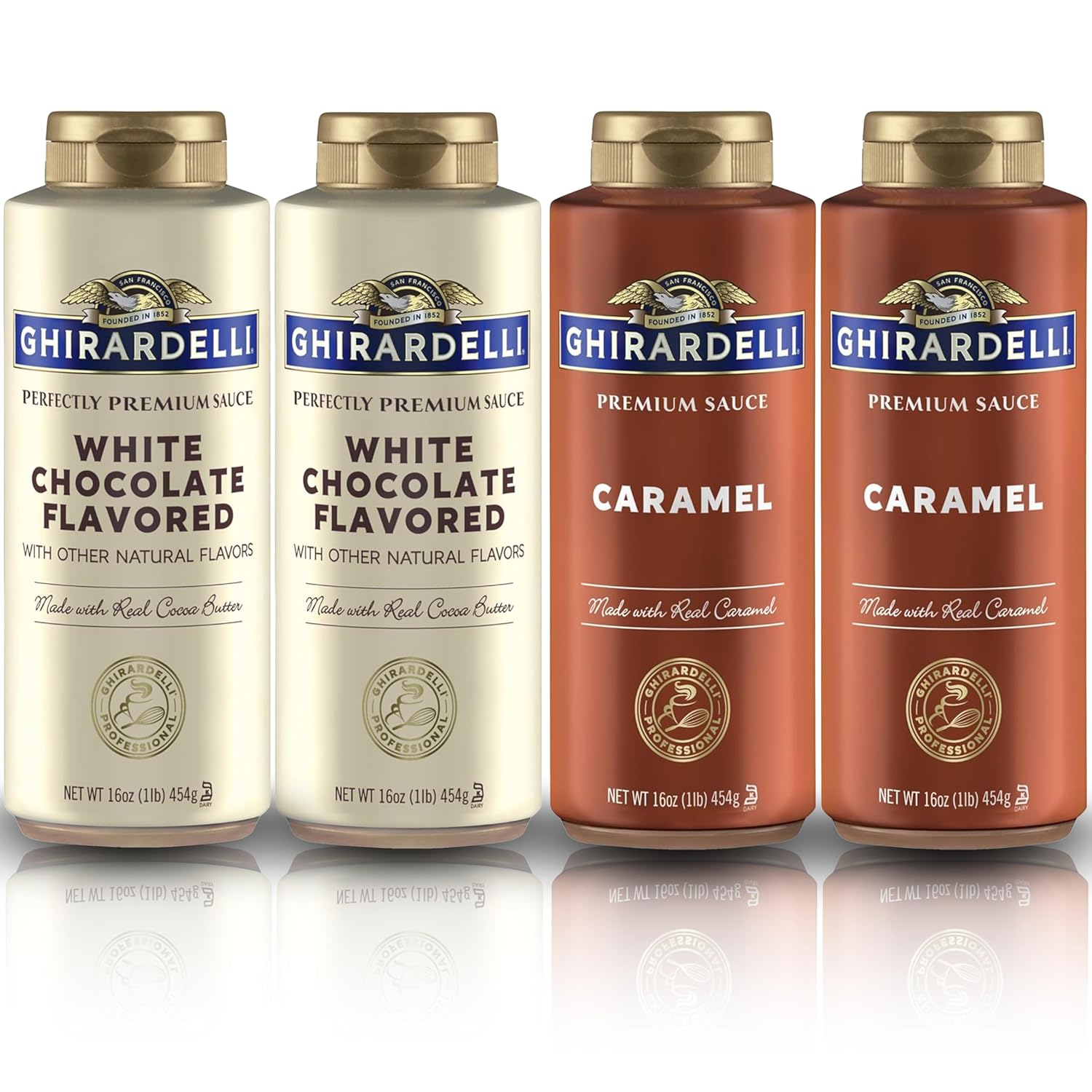 Ghirardelli Flavored Sauce Variety Pack | 16 oz Bottles (Pack of 4) | Caramel and White Chocolate Dessert Toppings for Coffee Drinks, Ice Cream, and Baking Recipes