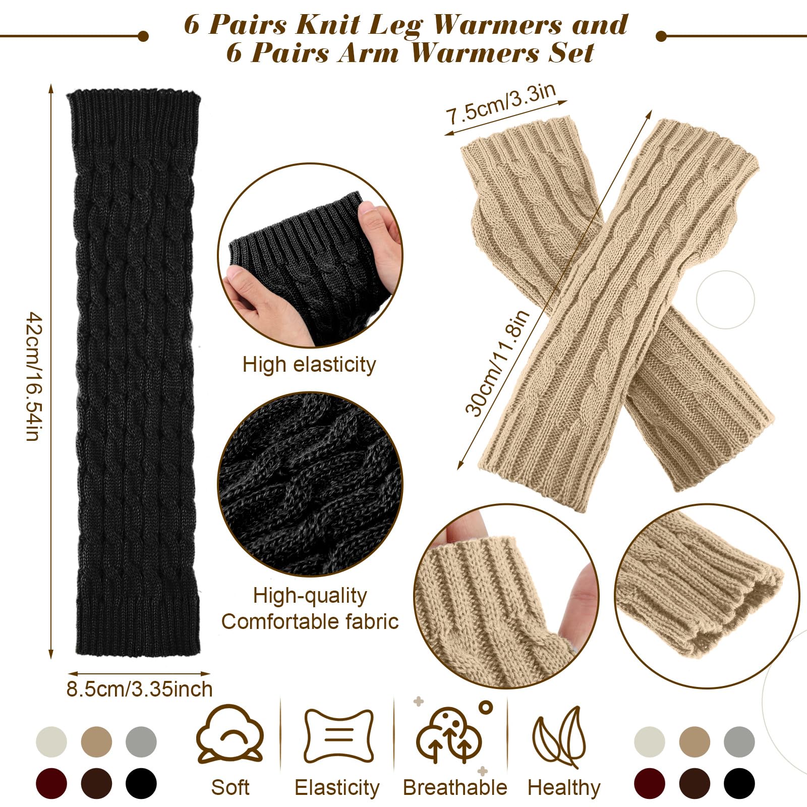 Therwen 12 paia di scaldamuscoli lavorati a maglia, guanti senza dita anni '80, scaldamuscoli da donna, per l'inverno e il freddo, accessori per costumi da festa Y2k anni '80, 6 colori, nero, bianco,