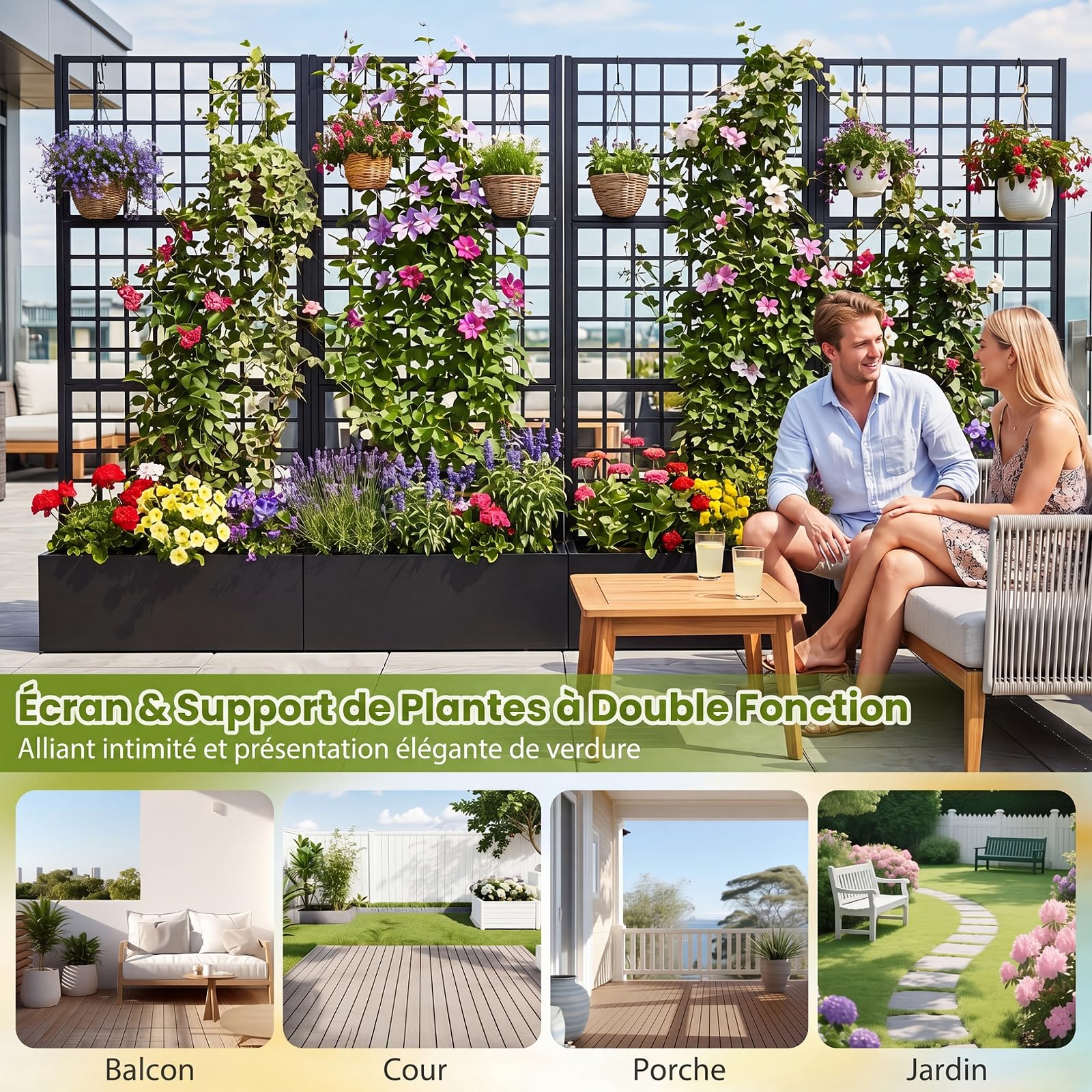 COSTWAY Jardinière avec Treillis en Métal avec Brise-Vue | Bac à Fleurs, 3 Panneaux, Trous de Drainage, Support Plantes Grimpantes Herbes Fruits pour Balcon Jardin, 90 x 40 x 180,5 cm