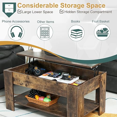 Miniatura 27 de PayLessHere Mesa auxiliar elevable con compartimento oculto y estante de almacenamiento, mesa de comedor de madera para sala de estar y hogar Negro