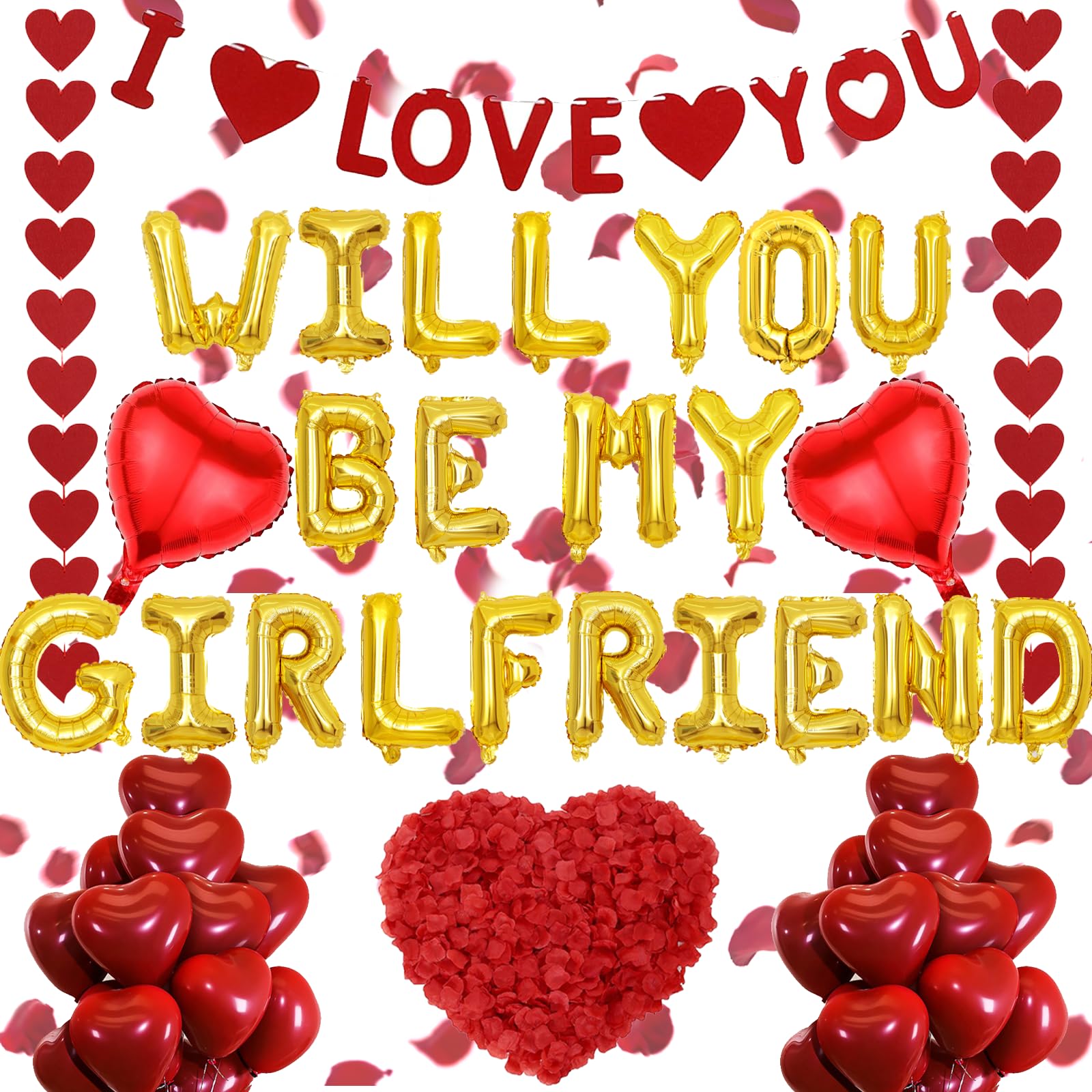 Will You Be My Girlfriend - 500+ Pcs Balloons Party Decorations Romantic Proposal Supplies Red Letter Heart Balloons Artificial Rose Petals for Will You Be My Girlfriend Anniversary Decoration