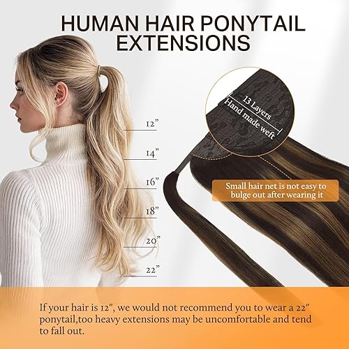 Miniatura 4 de Extensiones de cabello humano con cola de caballo, balayage, color marrón oscuro a marrón castaño, 20 pulgadas, 3.17oz, cola de caballo con clip,