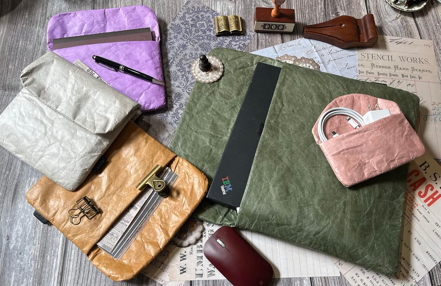 Vintage/Retro Tyvek Paper Tablet Sleeve Case, Bag for iPad, Air, Pro, Mini, Surface, Galaxy Tab, Kindle, 12inch Laptop Sleeve Scrapbooking Stickers Organizer (Green, iPad 9-11")