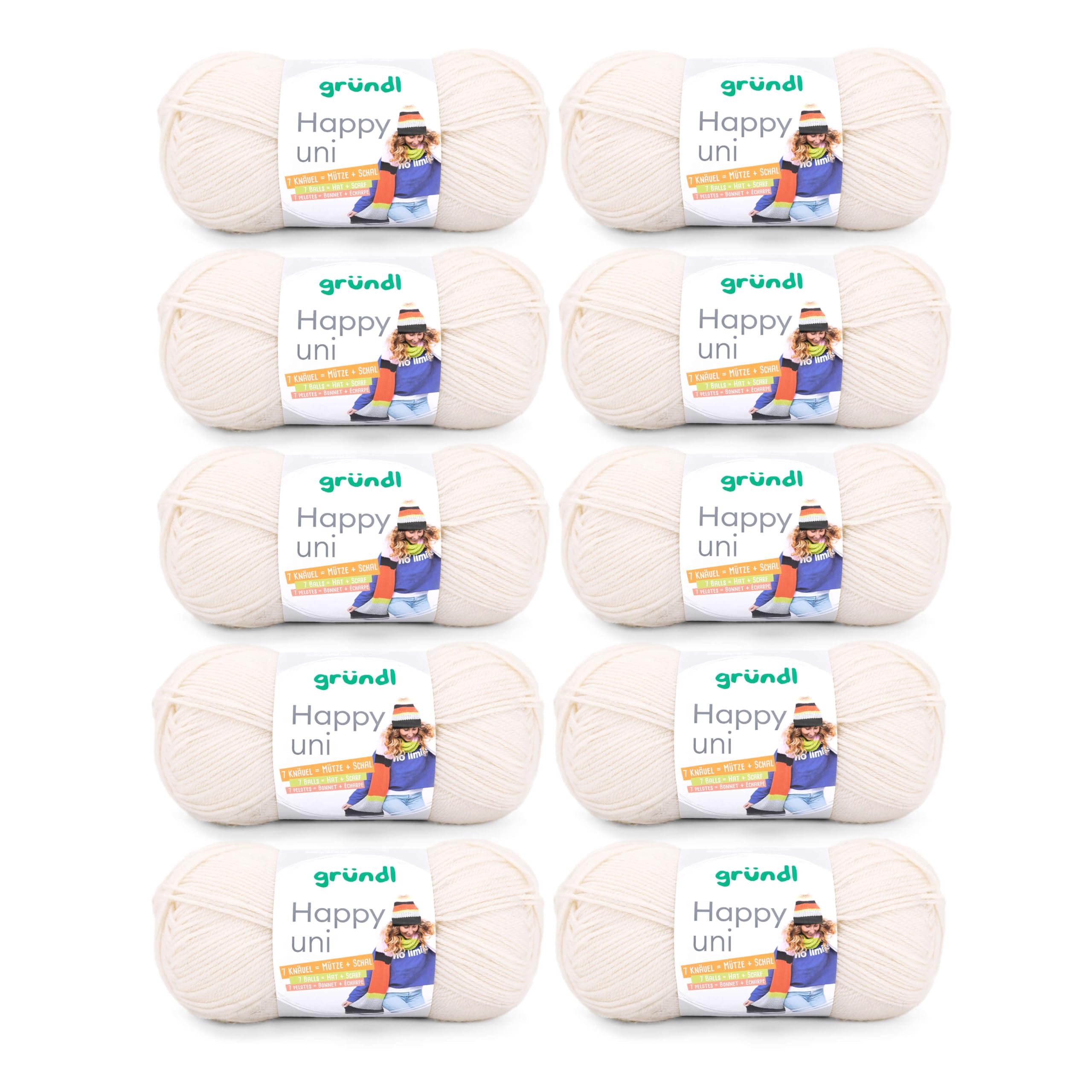 Gründl “Happy Uni”, 10x balls of 100 g knitting yarn, 100% acrylic, 40 cm x 39 cm x 9 cm, 100% Polyacrylic, cream, 40 x 39 x 9 cm