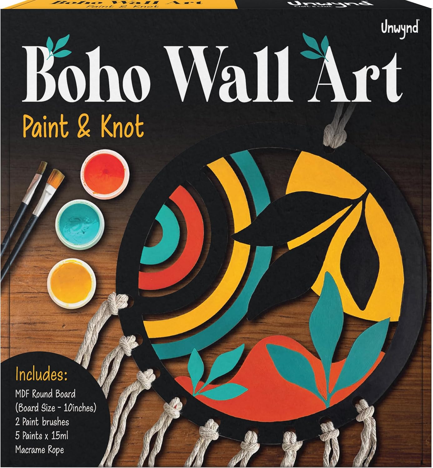 Unwynd Boho Wall Art – Paint & Knot Craft Kit – Paint 10" MDF Round Cutout and Learn Beautiful Macrame Knots, Creative Craft Activity for Adults, Ideal for Home Decoration, Perfect Creative Gift for Adults and Teens