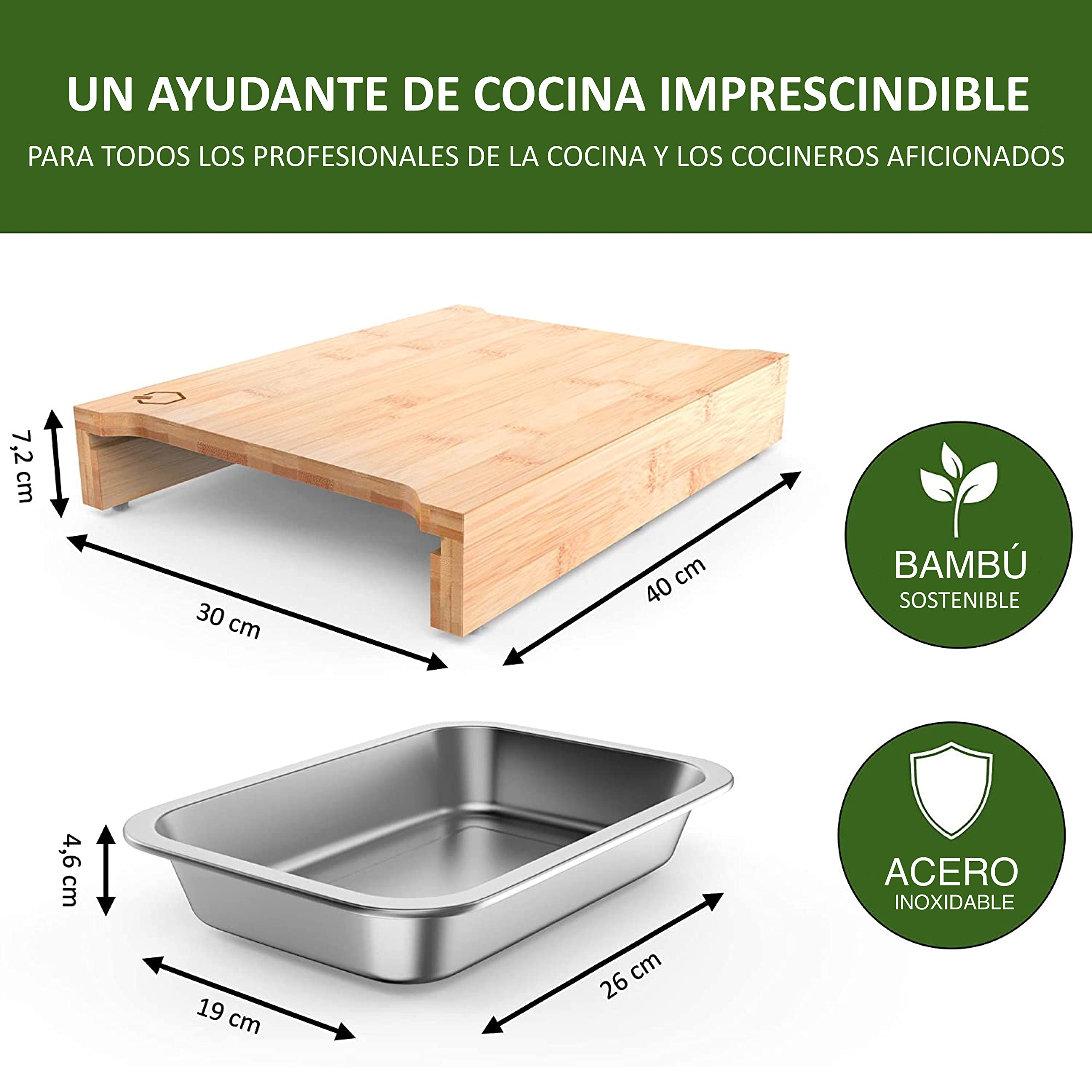 Premium Tabla de cortar con bandejas, bambú con 3 placas de cocción de acero inoxidable, apto para lavavajillas,Tabla de cortar de cocina multifuncional.