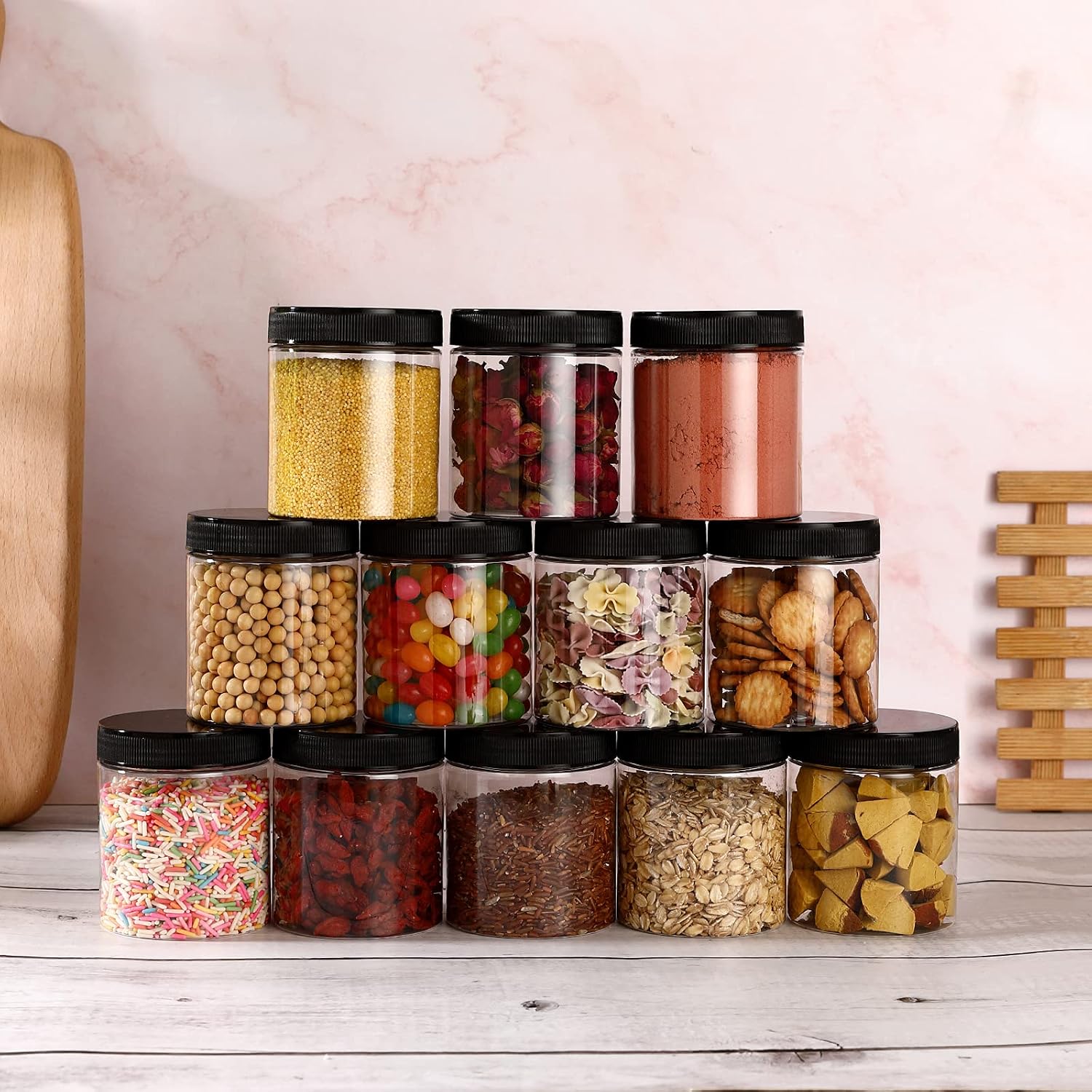 24Pack 8oz Plastic Jars with Lid, DANALLAN Clear Plastic Seasoning Containers with Labels for Cosmetics, Crafts Organizing and Kitchen Food Storage, BPA Free