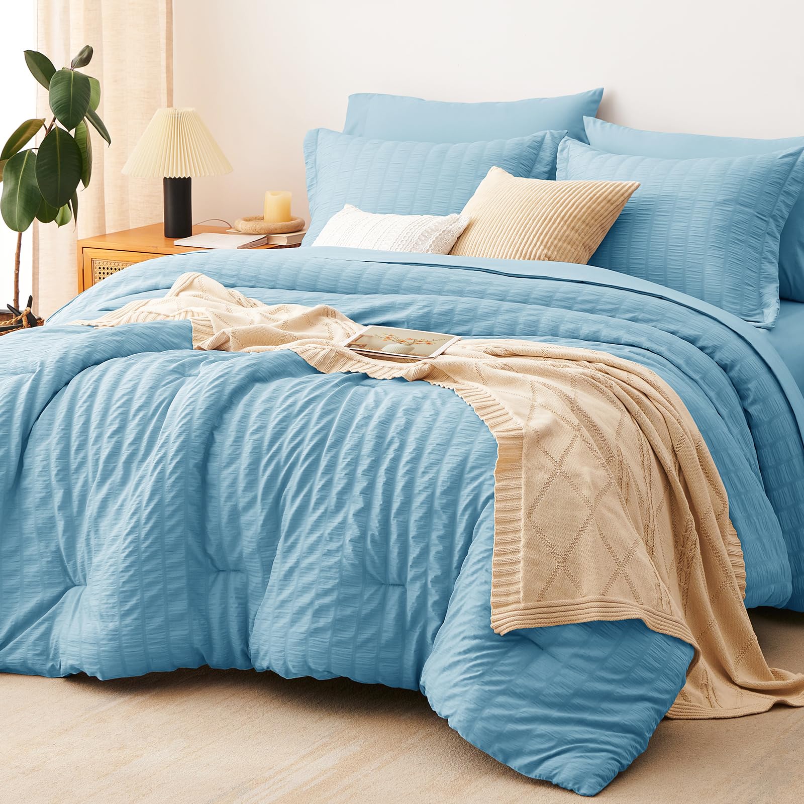 CozyLux King Size Comforter Set, 7 Pieces Sky Blue Seersucker Bed in a Bag