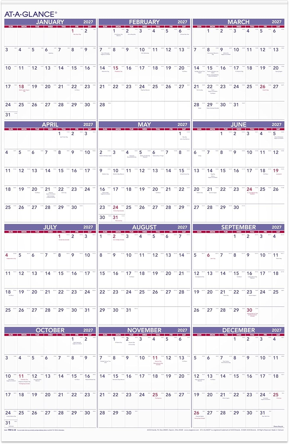 AT-A-GLANCE 2027 Wall Calendar, Monthly, 24" x 36", Full Year View (PM122827)
