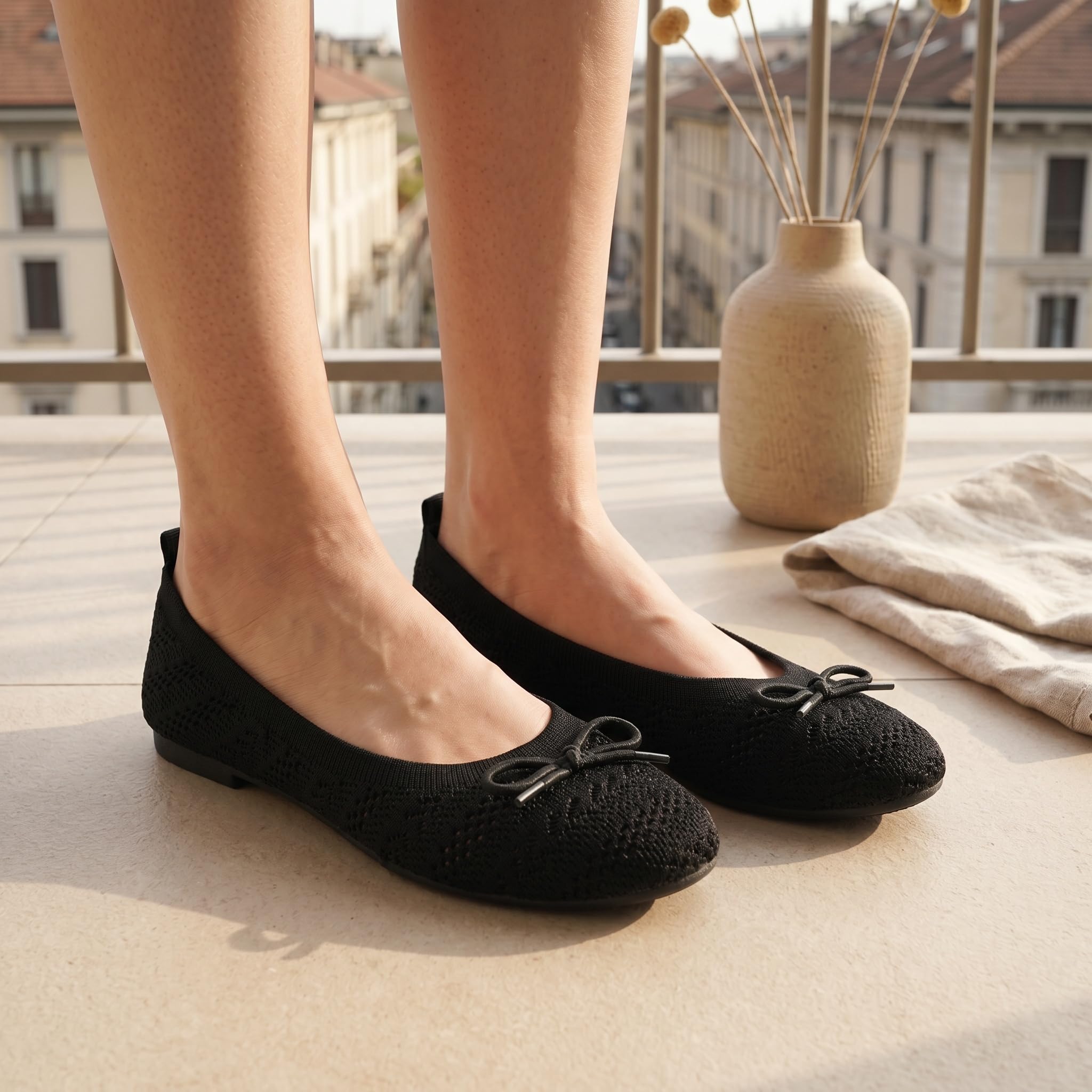 GLAMORA Bailarinas Mujer Manoletinas Punto Transpirable Lazo Frontal Zapatos Planos Flexibles Ligeros Cómodos Verano Primavera Calzado Tejido Perforado Suela Antideslizante Elegantes