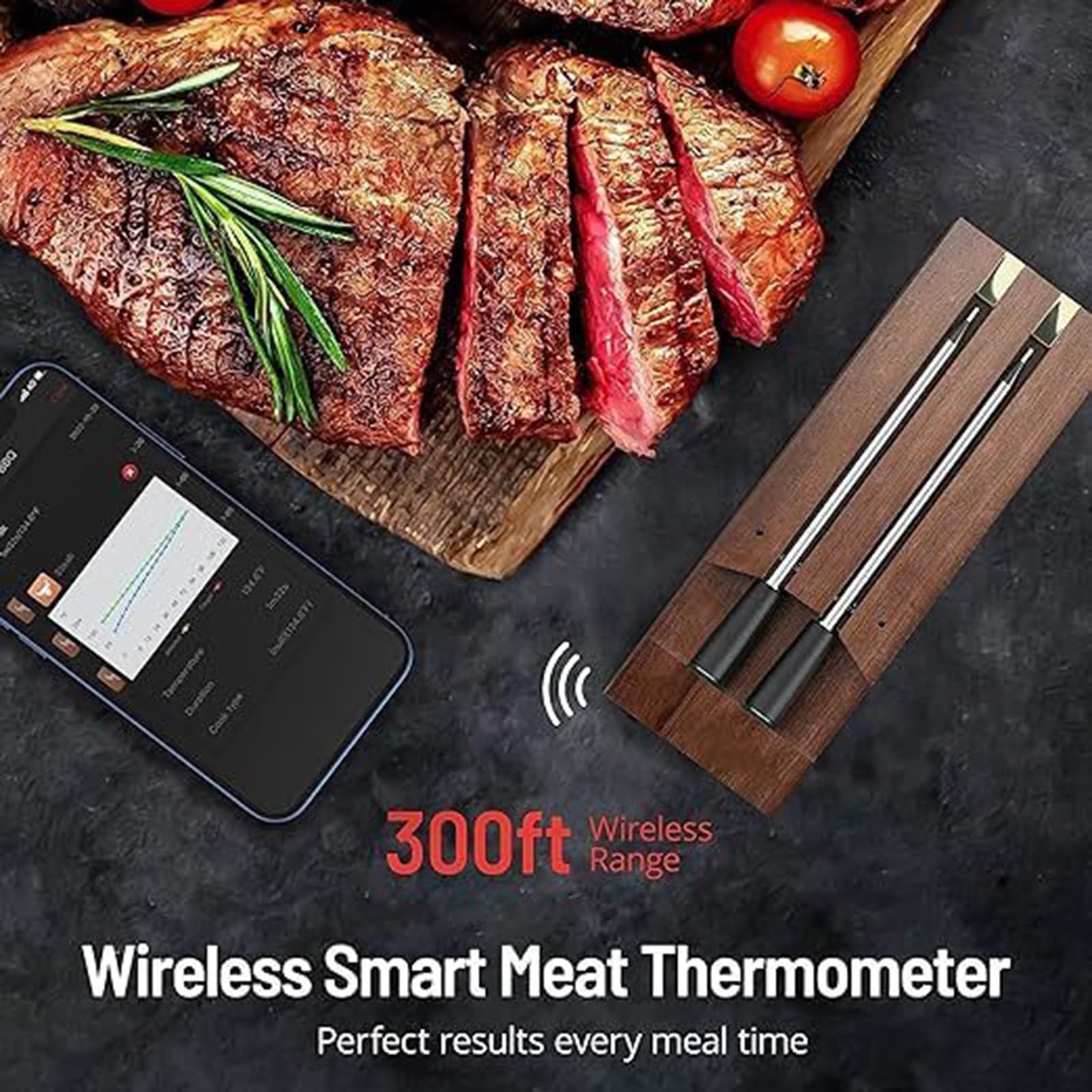 Thermomètre à viande sans fil, thermomètre à viande Bluetooth avec alarme de température, thermomètre à viande numérique à distance de 500 pieds, thermomètre alimentaire pour barbecue, four, fumoir