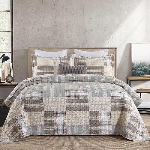 Miniatura 1 de KALOOLA Juego de edredón tamaño King 100 algodón 3 piezas juego de ropa de cama de cuadros azules y rojos colcha ligera reversible para todas las