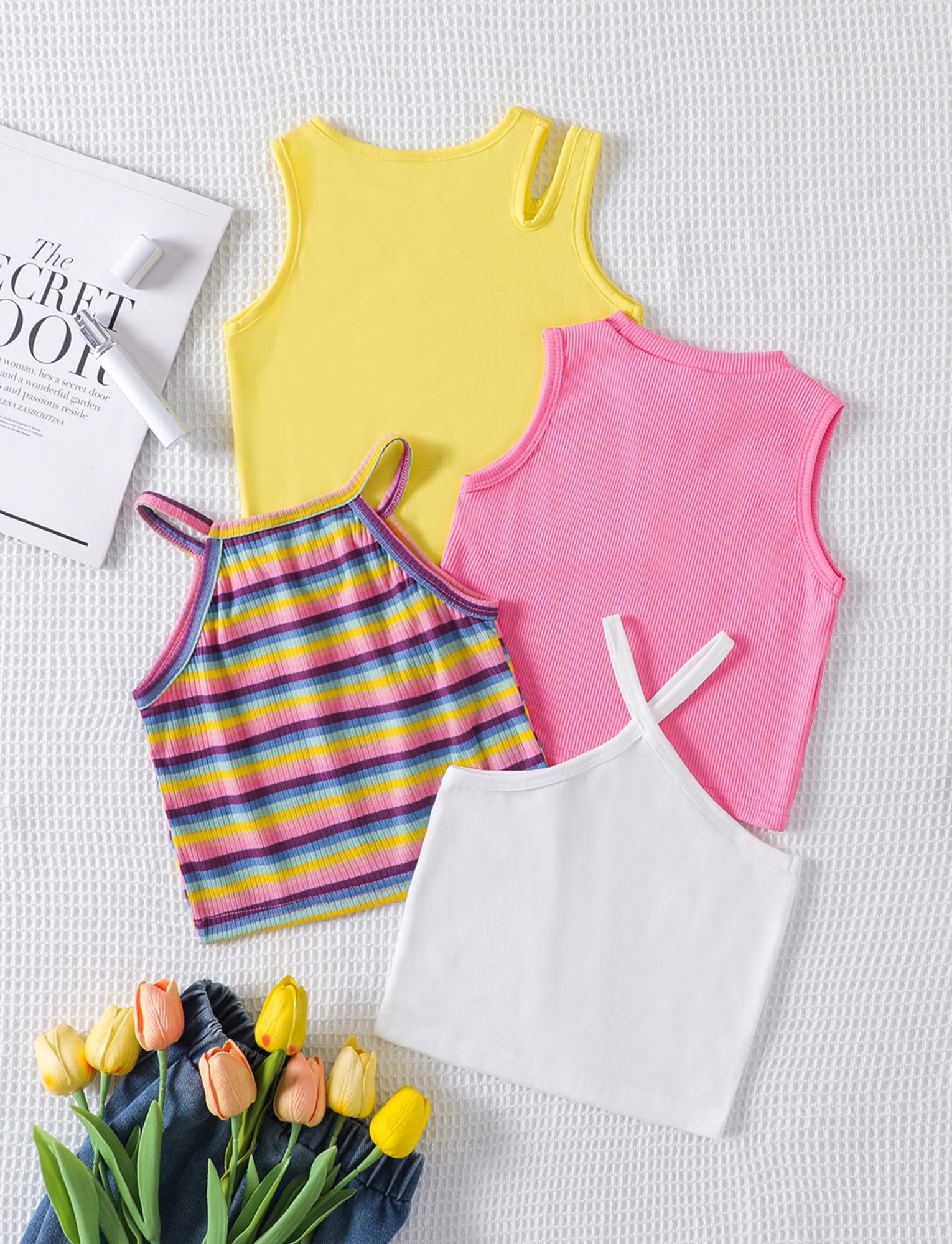 Happy Cherry Camiseta interior sin mangas para niña, camiseta interior básica de verano, transpirable, acanalada, paquete de 4 unidades