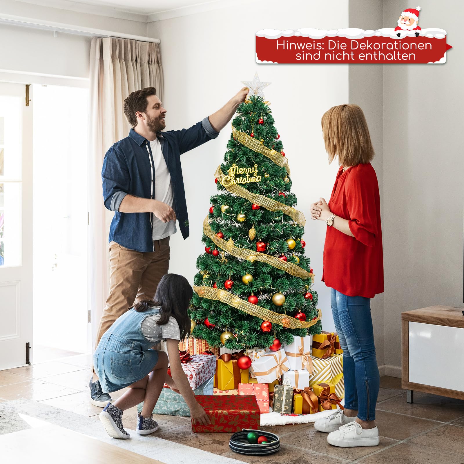 COSTWAY Künstlicher Weihnachtsbaum mit Beleuchtung, 180 cm Tannenbaum aus Glasfaser mit 36 warmweißen LED-Lichtern & 230 Zweigspitzen, Christbaum Kunstbaum beleuchtet mit Sternspitze für Zuhause Büro